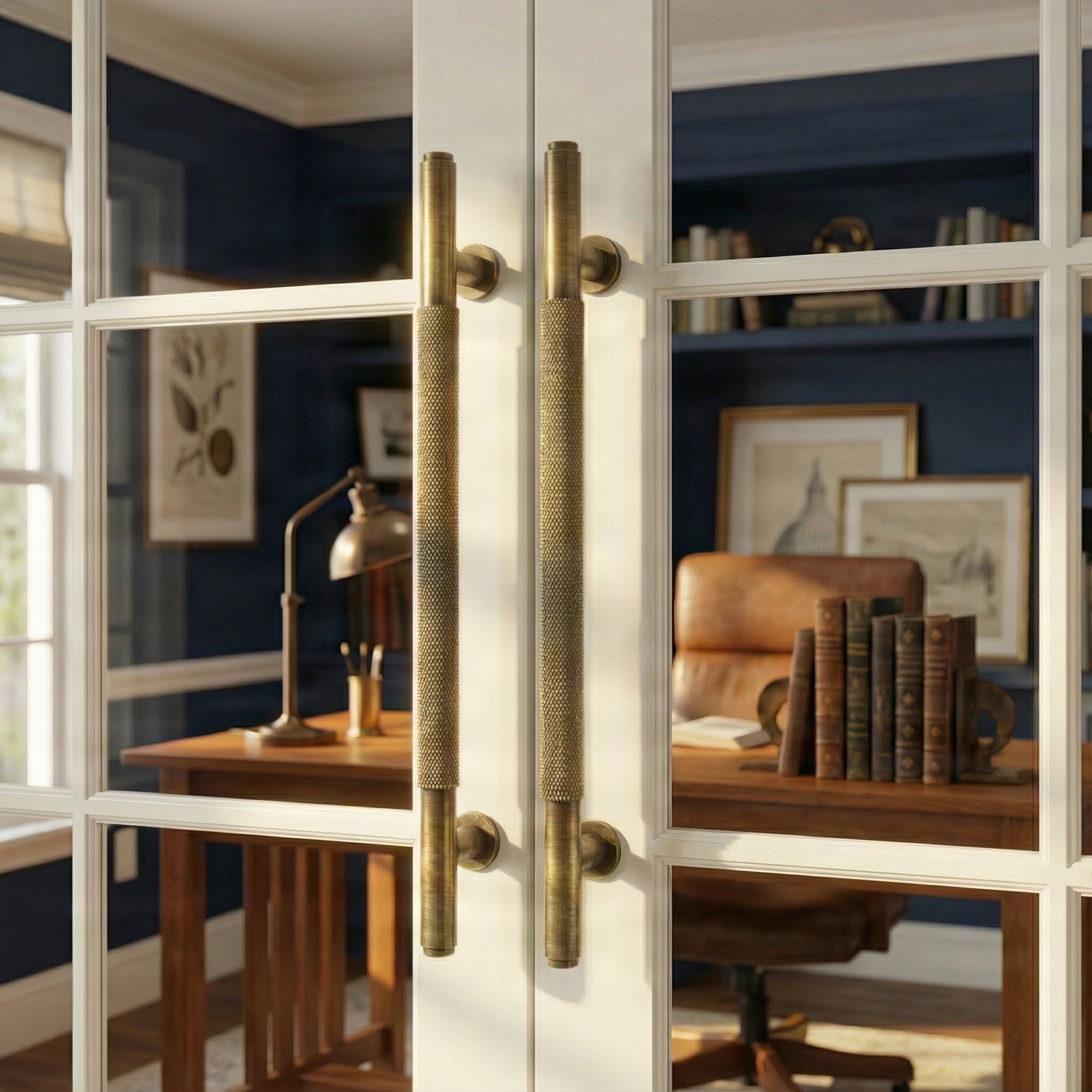 Elegant knurled aged brass door handle 17 inch on white glass doors, leading to a refined home office.