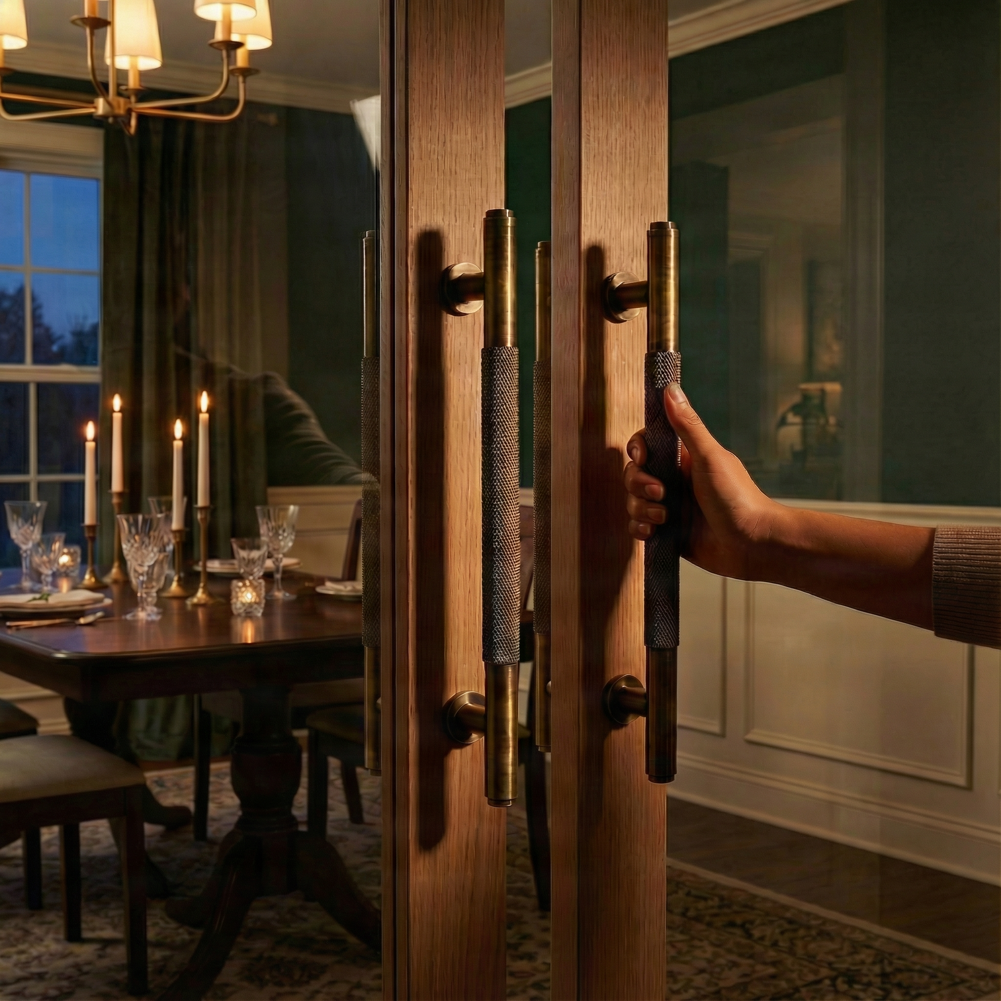 Hand opens door with a linear knurled aged brass door handle, revealing an elegant candlelit dining room. Timeless luxury.