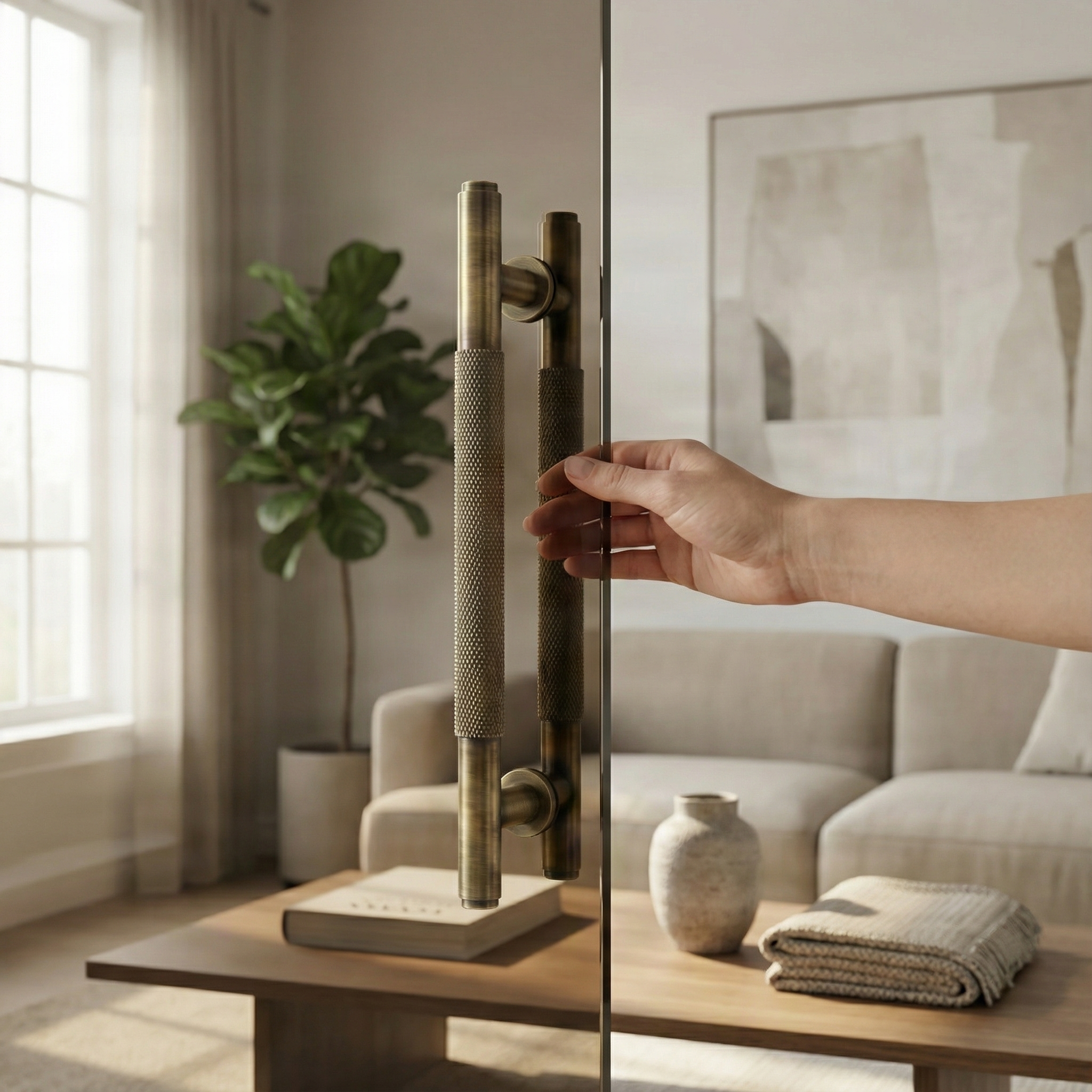 Hand grasping a brass double sided door pull handle 11 inch, adding tactile luxury to a refined living room.