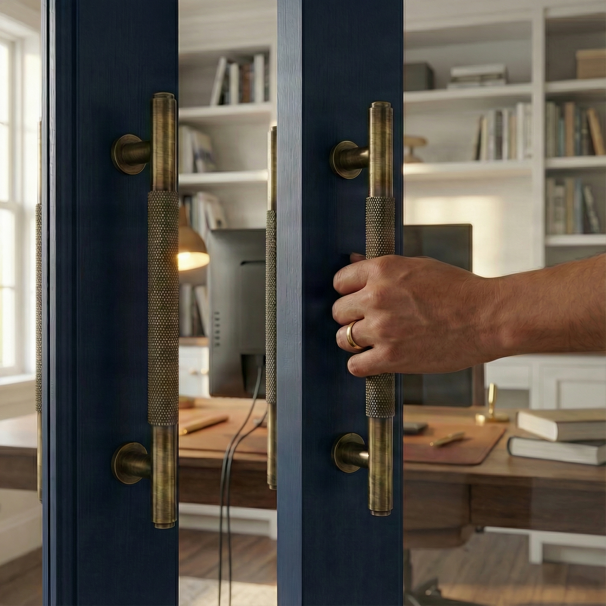 Hand pulling a knurled aged brass door handle 11 inch on a navy door, revealing an elegant home office.