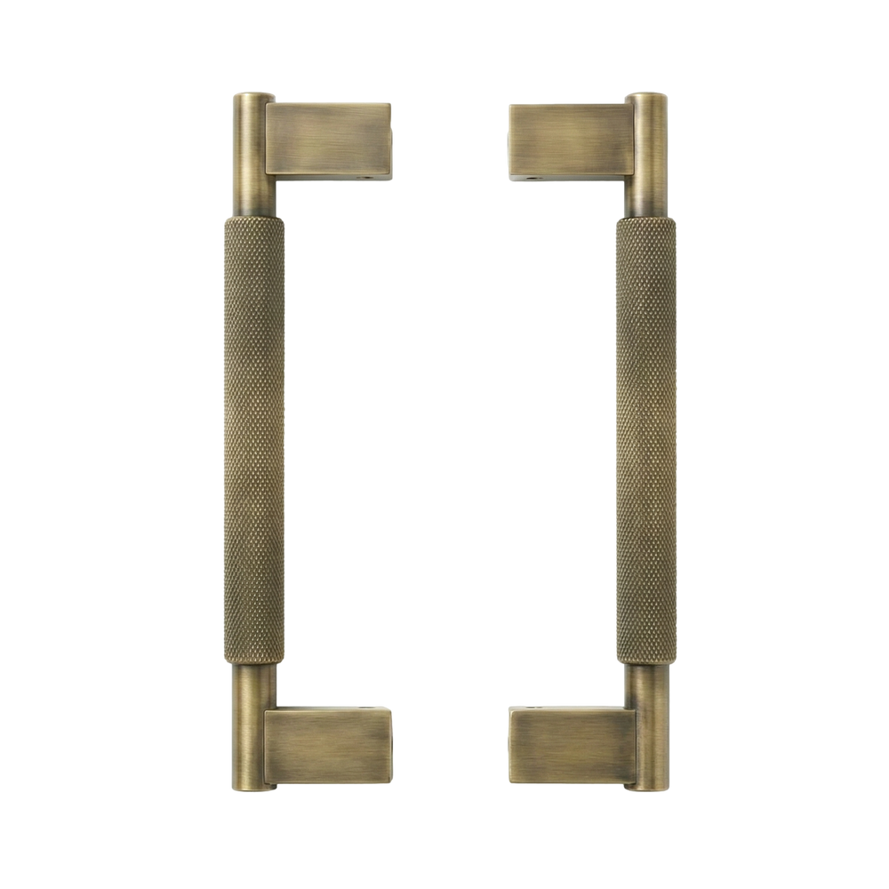 aged brass door pull grassetto 17 inch, tactile knurled solid brass craftsmanship.