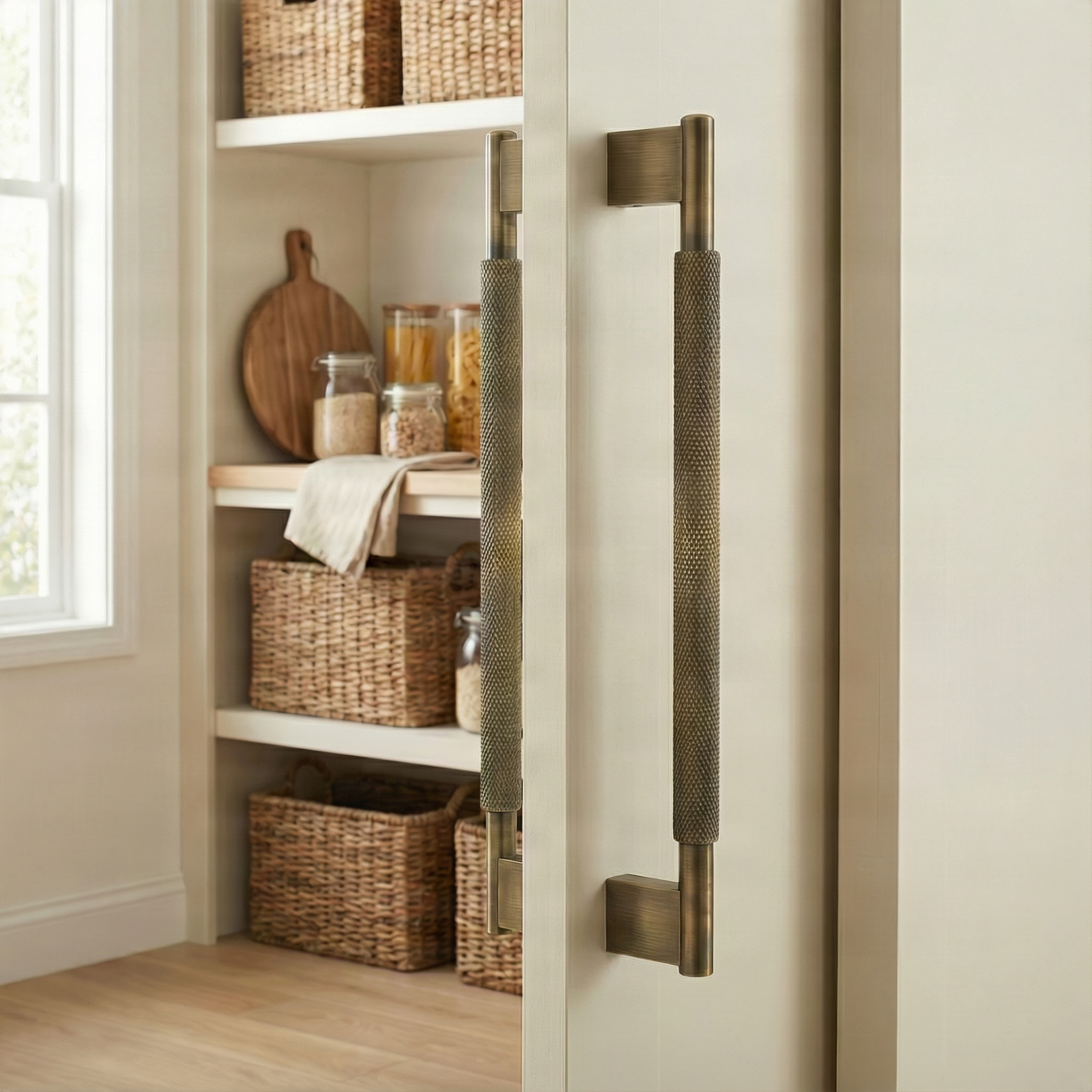 Brass double sided door pull handle 17 inch on elegant pantry door, evoking timeless luxury and craftsmanship.