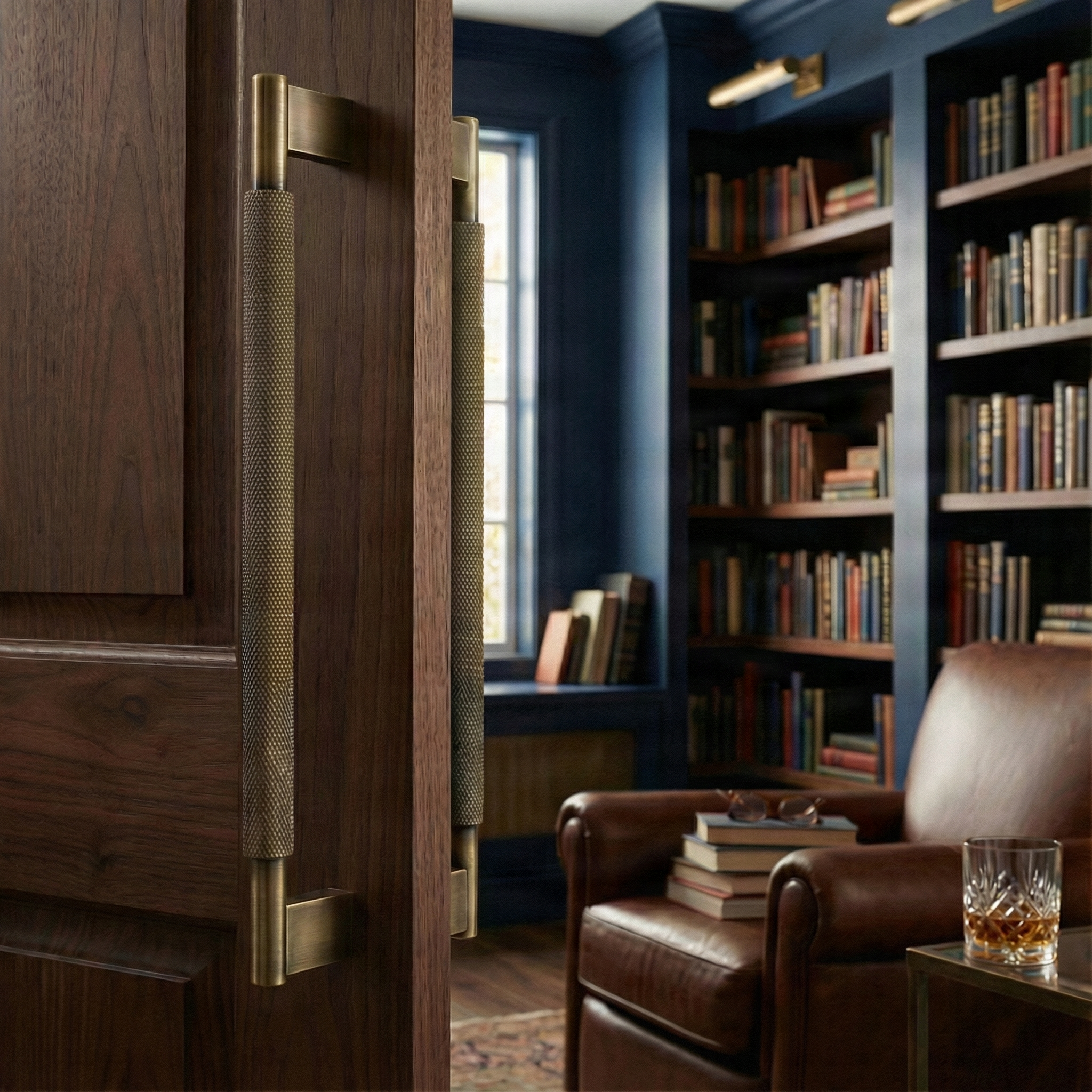 Elegant study with a linear knurled aged brass door handle on a dark wood door, reflecting timeless luxury.