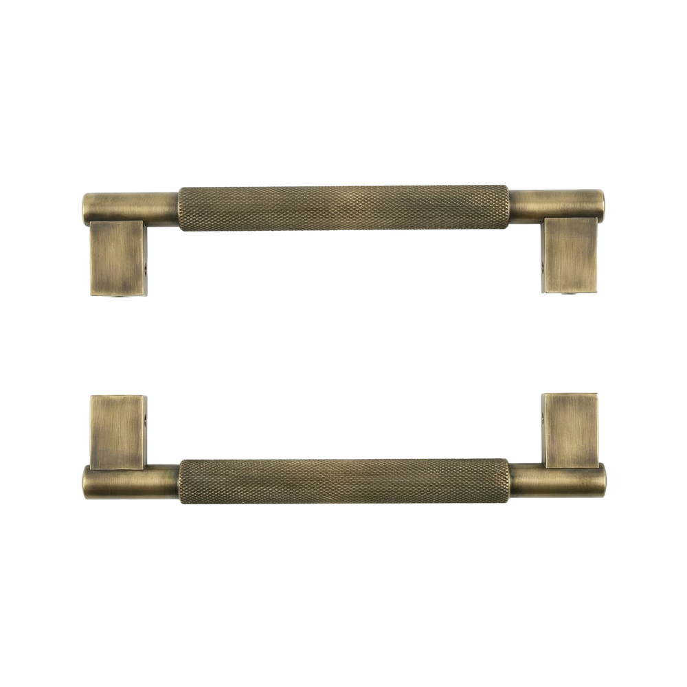 Heirloom-quality aged brass door pull grassetto 11 inch with a distinct knurled texture for lasting elegance.
