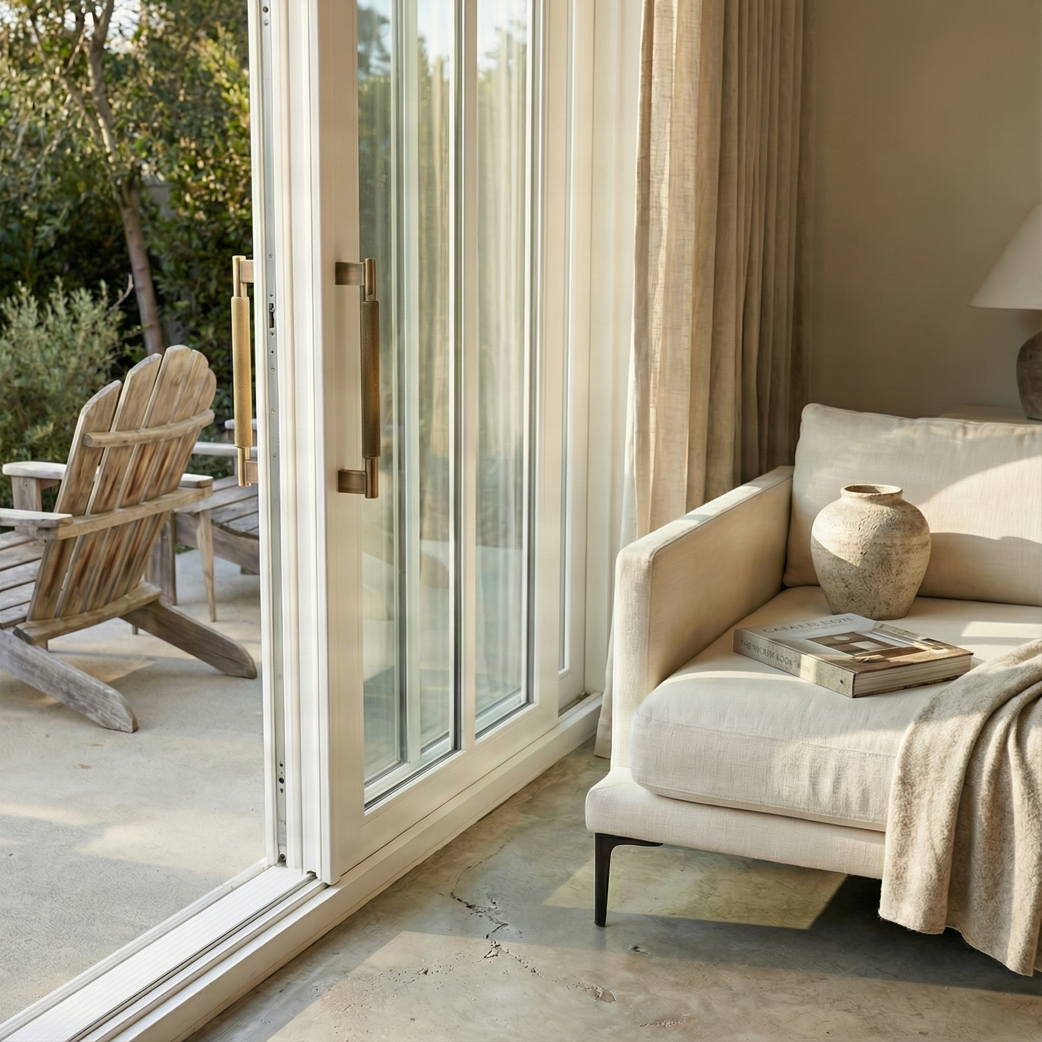 Elegant interior features a brass double sided door pull handle 11 inch on a sliding door leading to a serene patio.