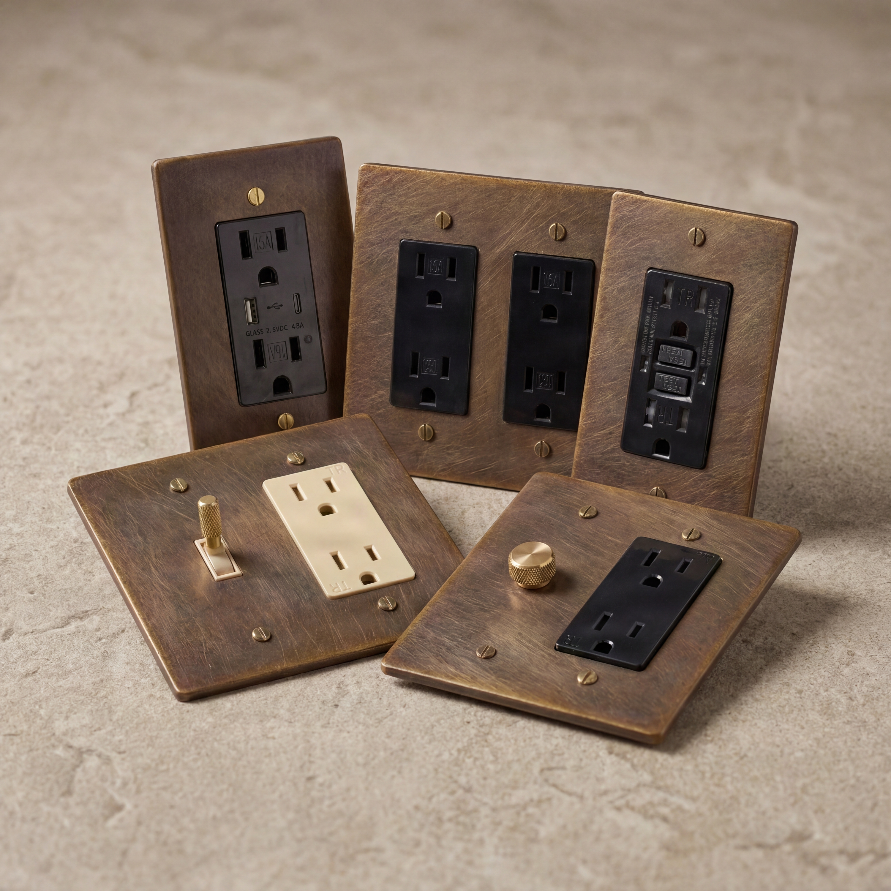 Muted aged brass outlets with modern USB and knurled controls.