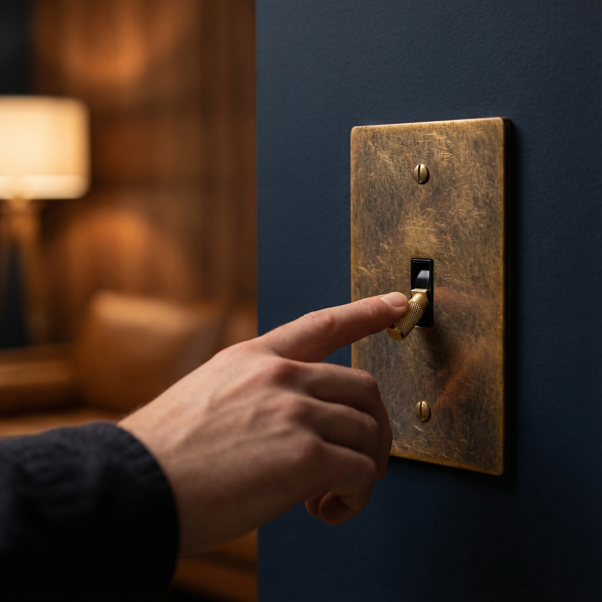 A hand operates the aged brass 1 gang toggle switch plate, a timeless detail in an elegant, softly lit room.