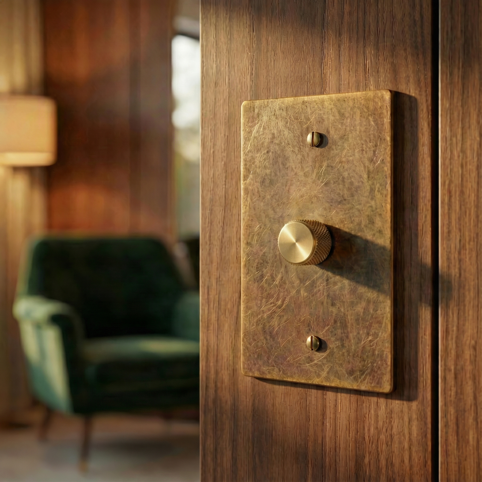 Aged brass 1 gang dimmer switch plate on wood, exuding quiet luxury in a refined room.