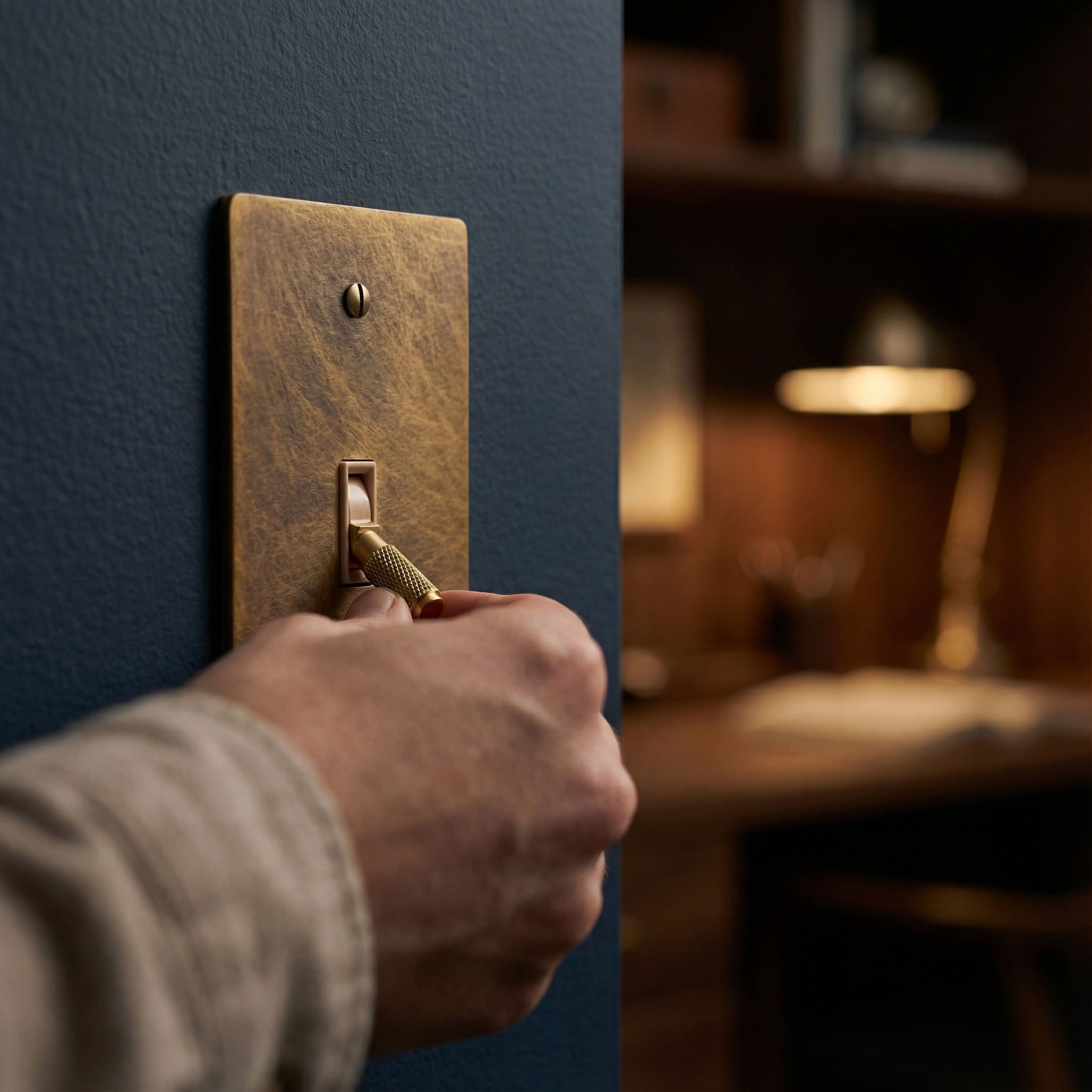 Hand operates a knurled aged brass 1 gang toggle switch plate, revealing a timeless study.