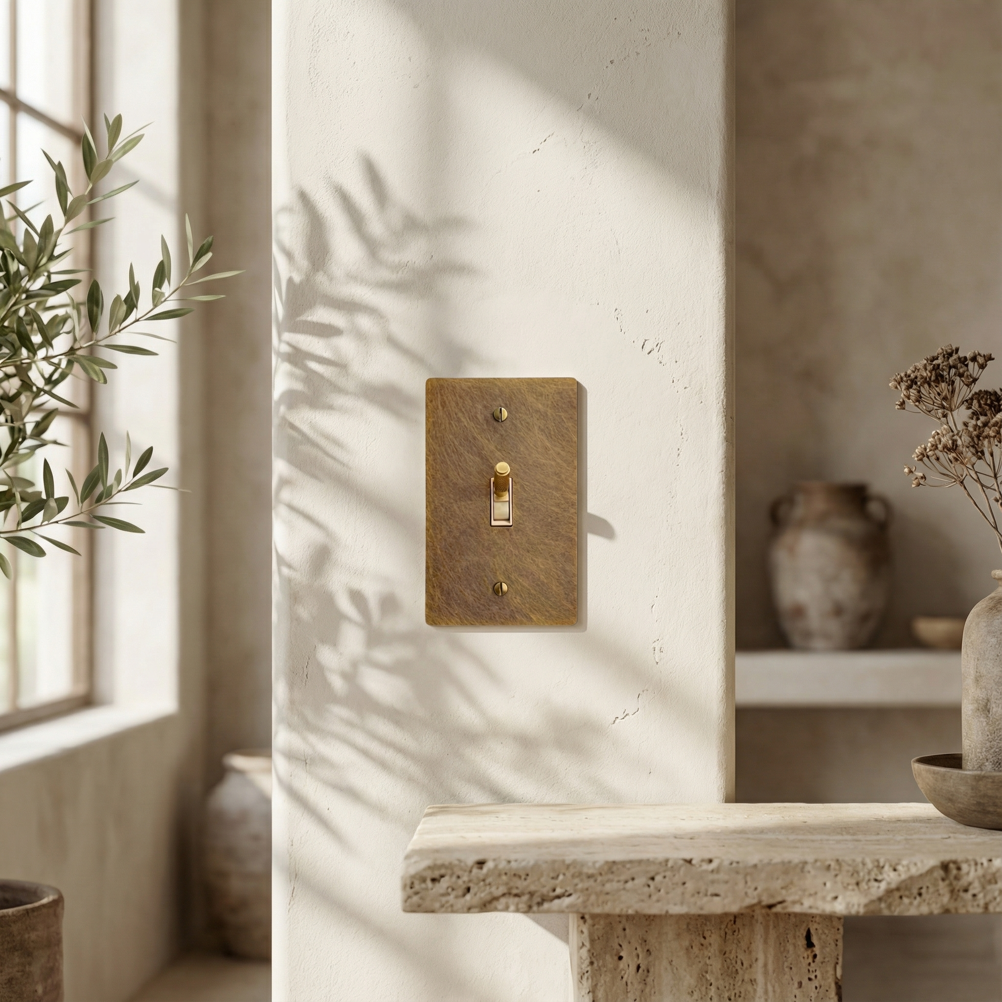 aged brass 1 gang toggle switch plate on a textured wall in a sunlit, elegant room with an olive branch.