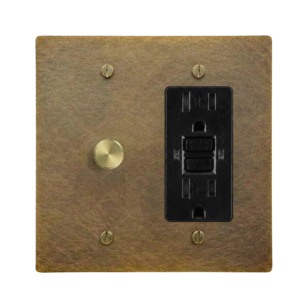 Aged Brass 2-Gang Dimmer & GFCI Outlet Switch Plate in Black