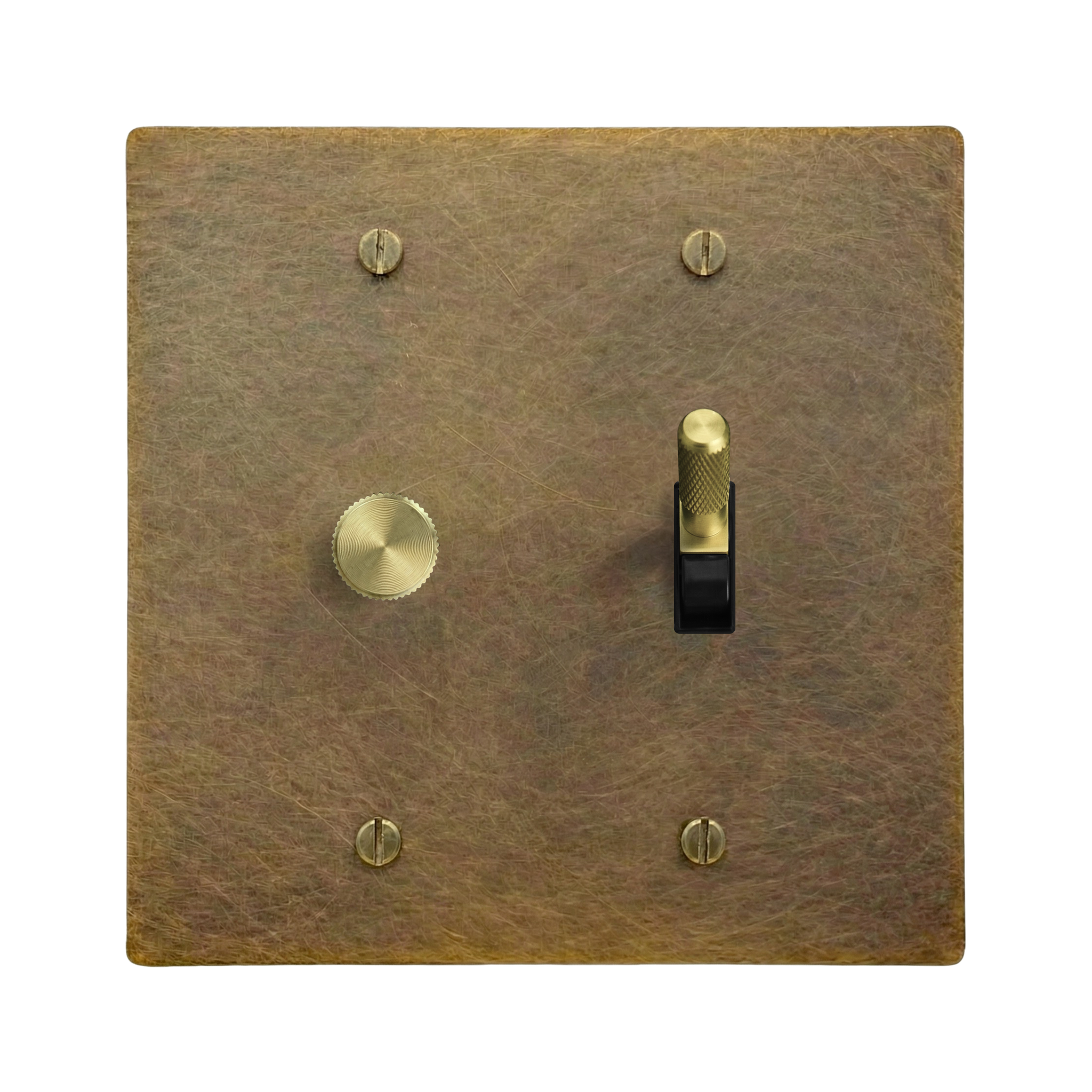 Aged Brass 2-Gang Dimmer & Toggle Switch Plate in Black