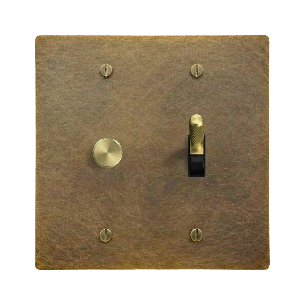 Aged Brass 2-Gang Dimmer & Toggle Switch Plate in Black
