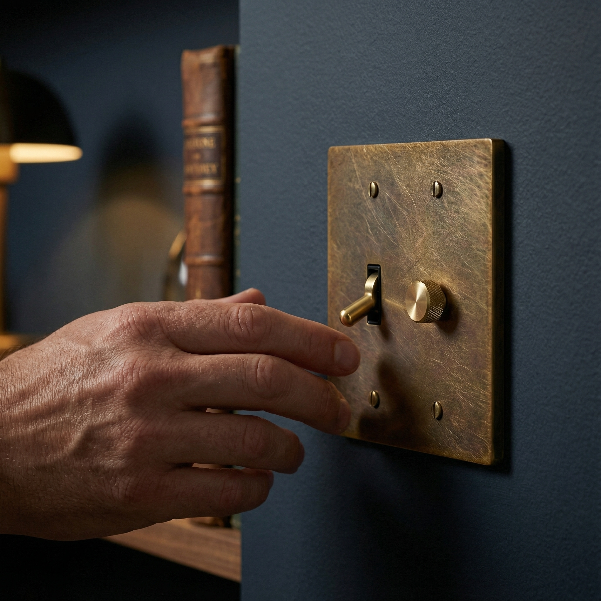 A hand interacts with an aged brass 2 gang dimmer and toggle switch plate on an elegant dark wall.