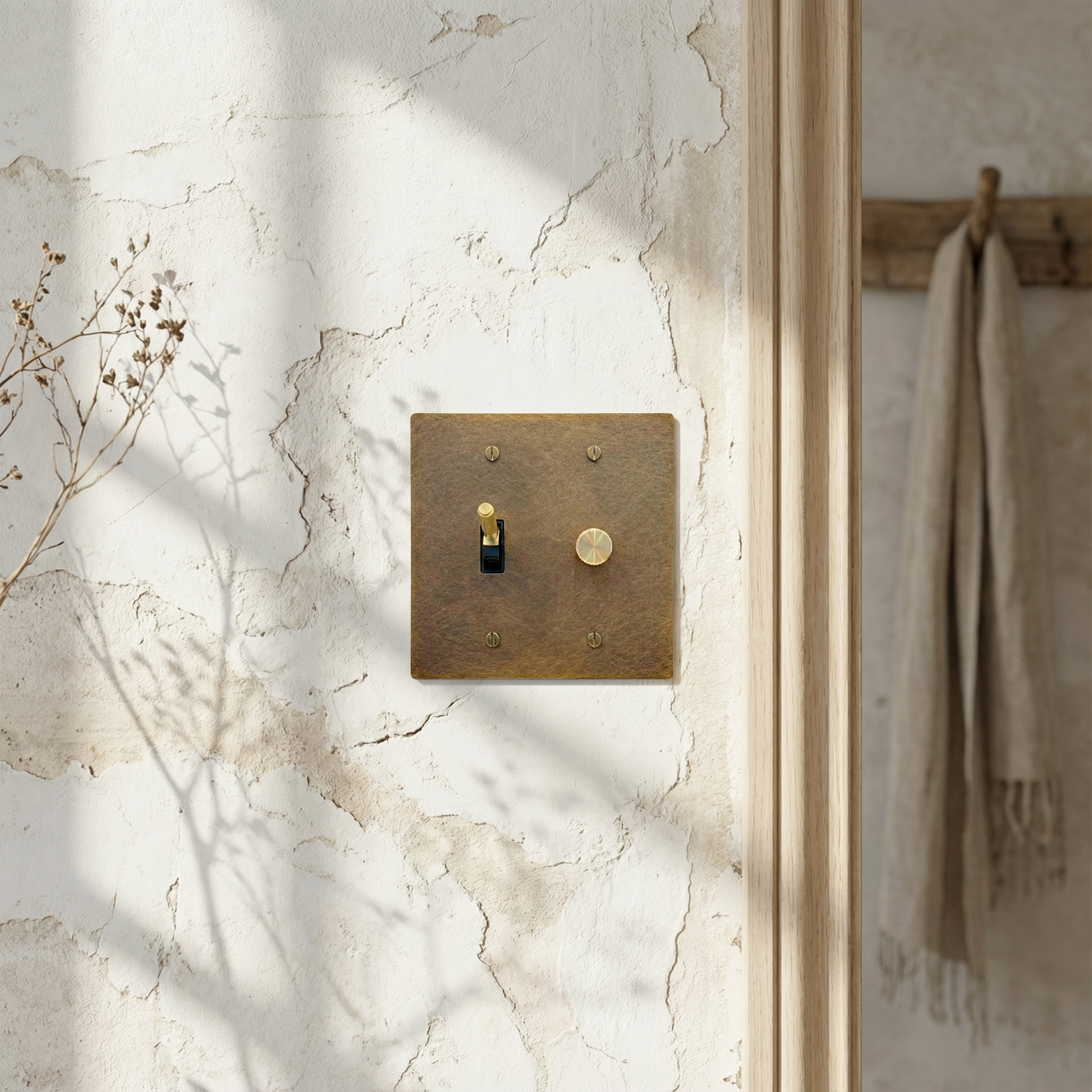 Aged brass 2 gang dimmer and toggle switch plate on a textured wall, bathed in soft sunlight for a timeless, quiet luxury aesthetic.
