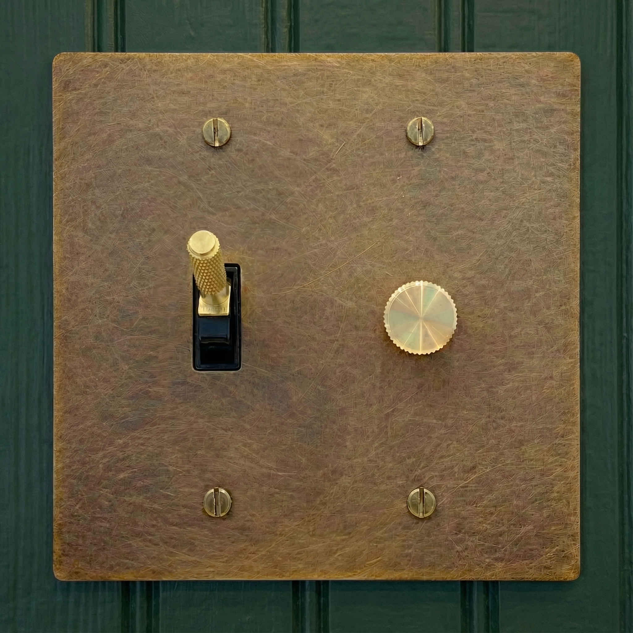 Aged brass 2 gang dimmer and toggle switch plate on a deep green wall, exuding timeless luxury.