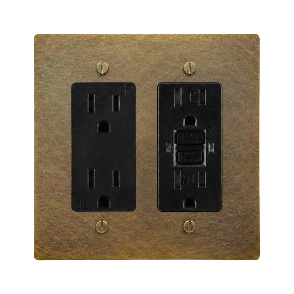 Aged Brass 2-Gang Duplex Outlet & GFCI Outlet Switch Plate in Black