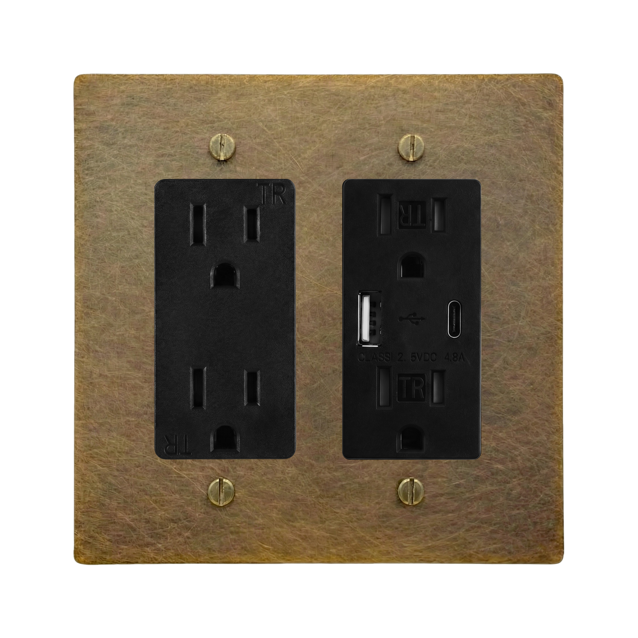 Aged Brass 2-Gang Duplex Outlet & USB Outlet Switch Plate in Black