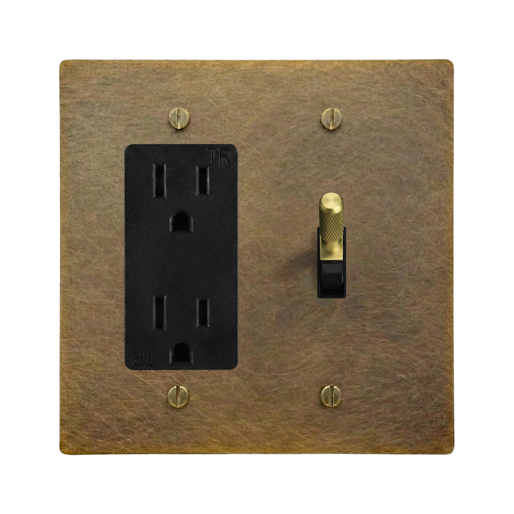 Aged Brass 2-Gang Duplex Outlet & Toggle Switch Plate in Black