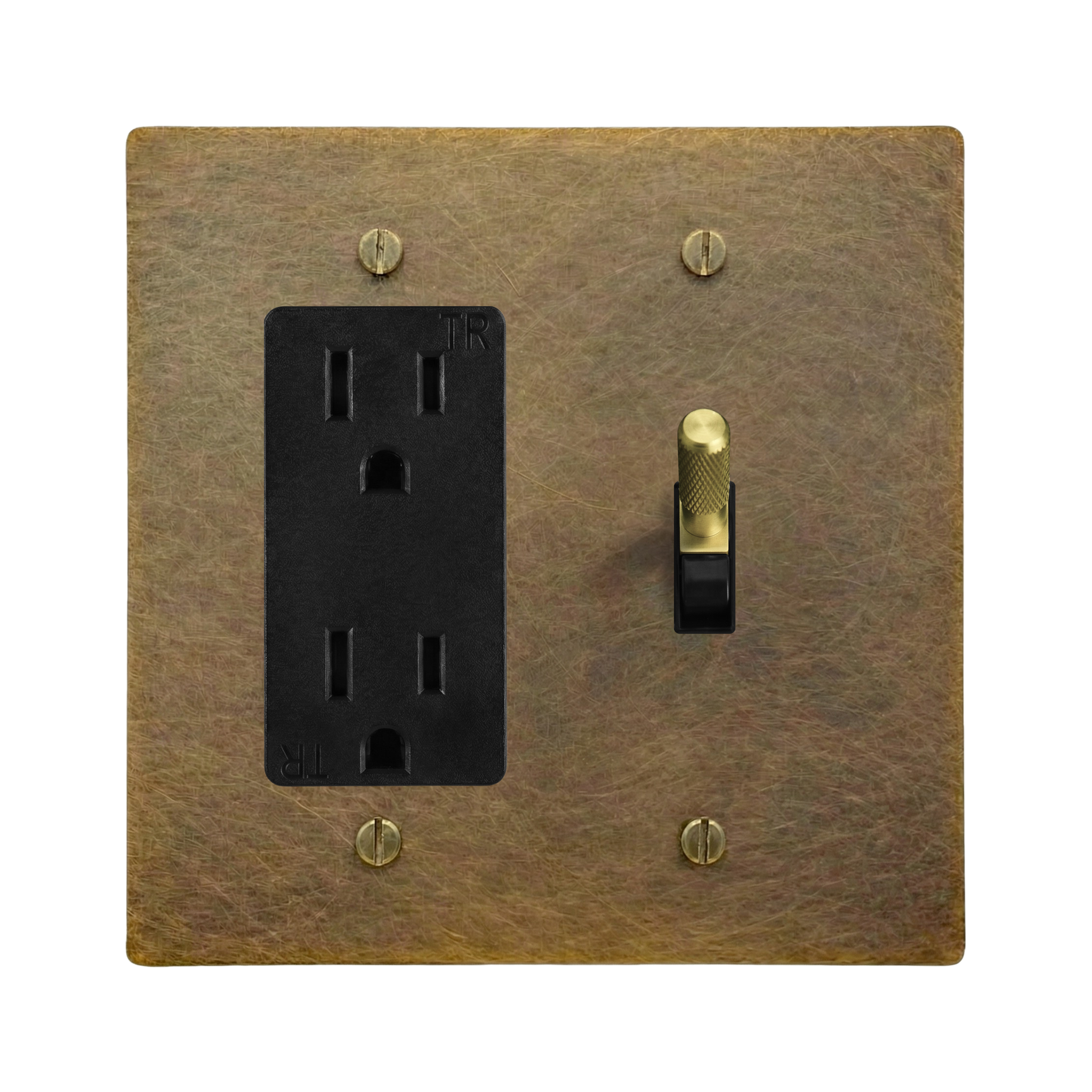 Aged Brass 2-Gang Duplex Outlet & Toggle Switch Plate in Black