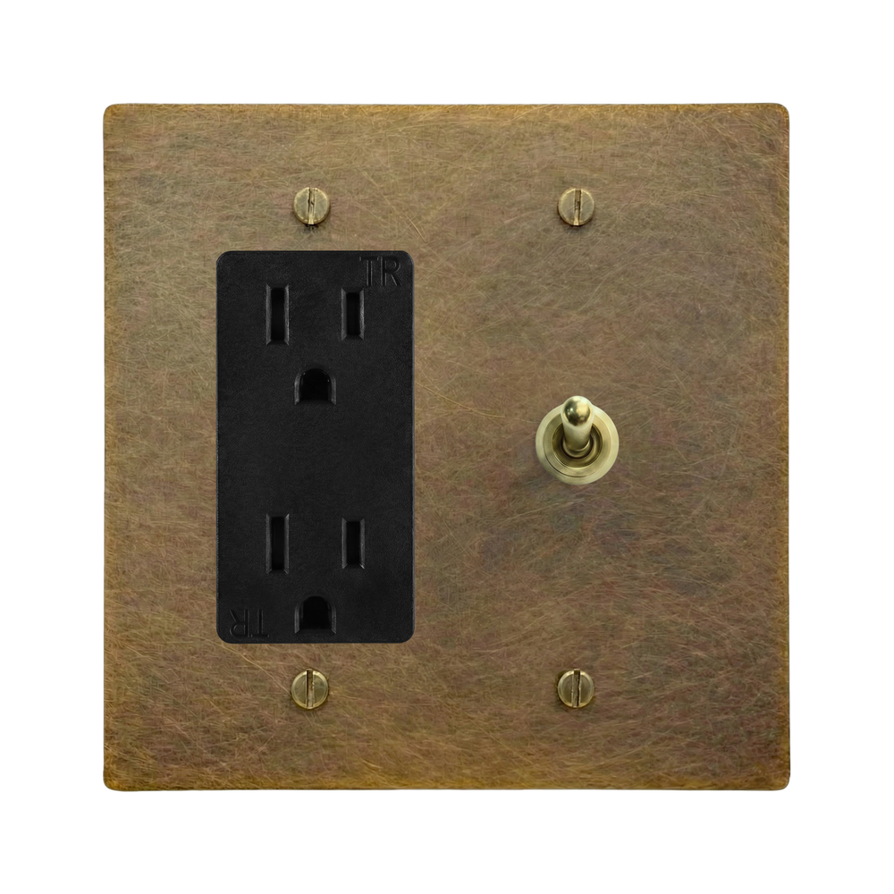 Aged Brass 2-Gang Duplex Outlet & Vintage Toggle Switch Plate in Black
