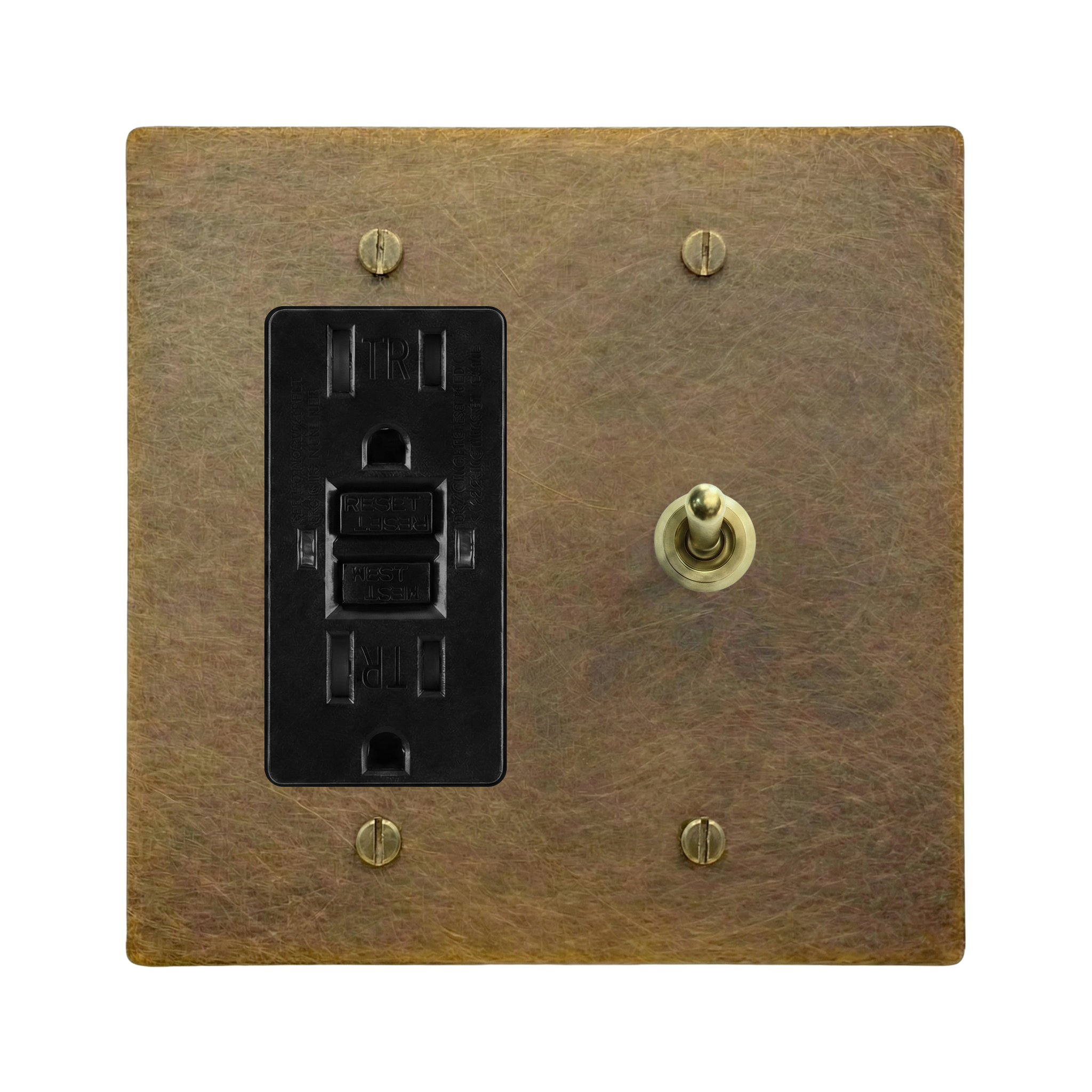 Aged Brass 2-Gang GFCI Outlet & Vintage Toggle Switch Plate in Black