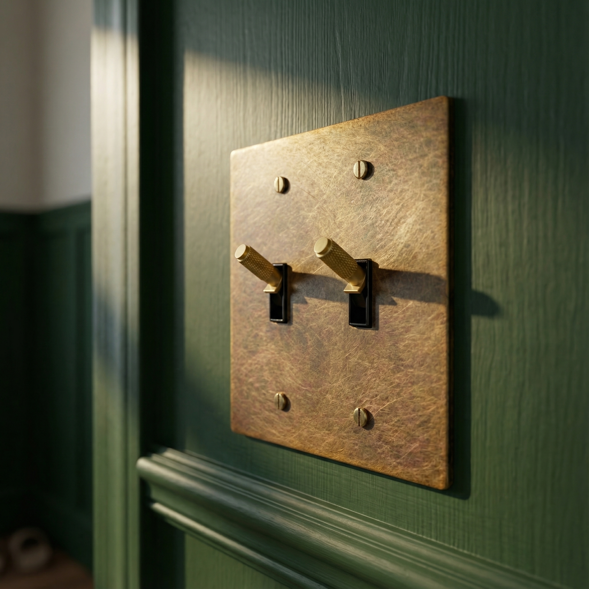 Timeless aged brass 2 gang toggle switch plate on a paneled green wall, with soft sunlight.