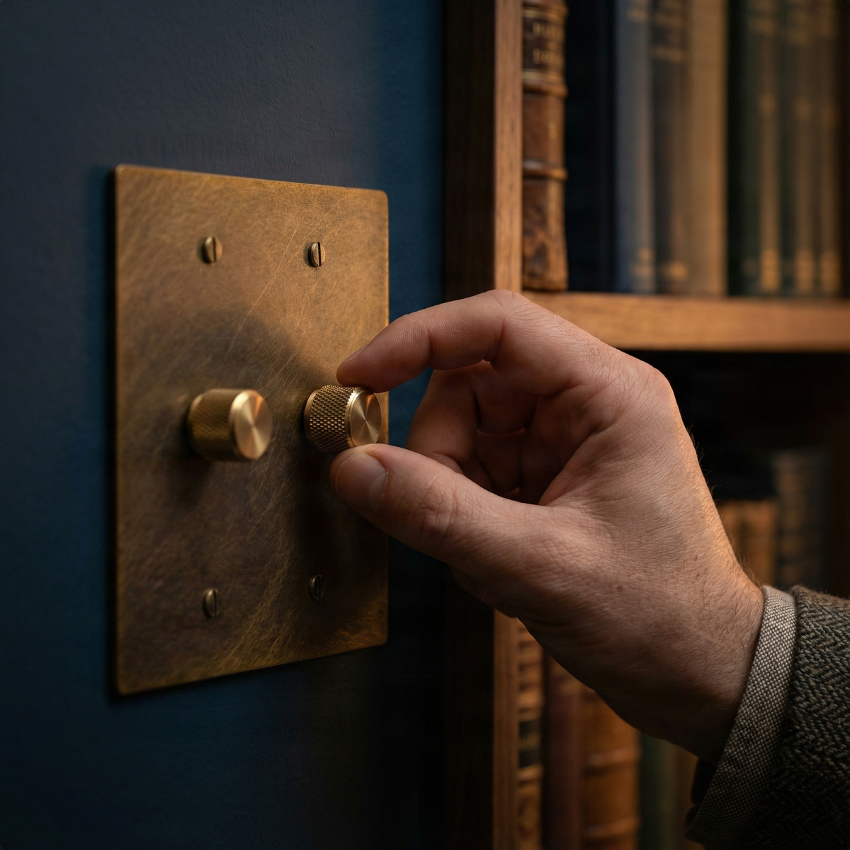 A hand adjusts an aged brass 2 gang dimmer switch plate on a dark wall, reflecting quiet luxury and timeless elegance.