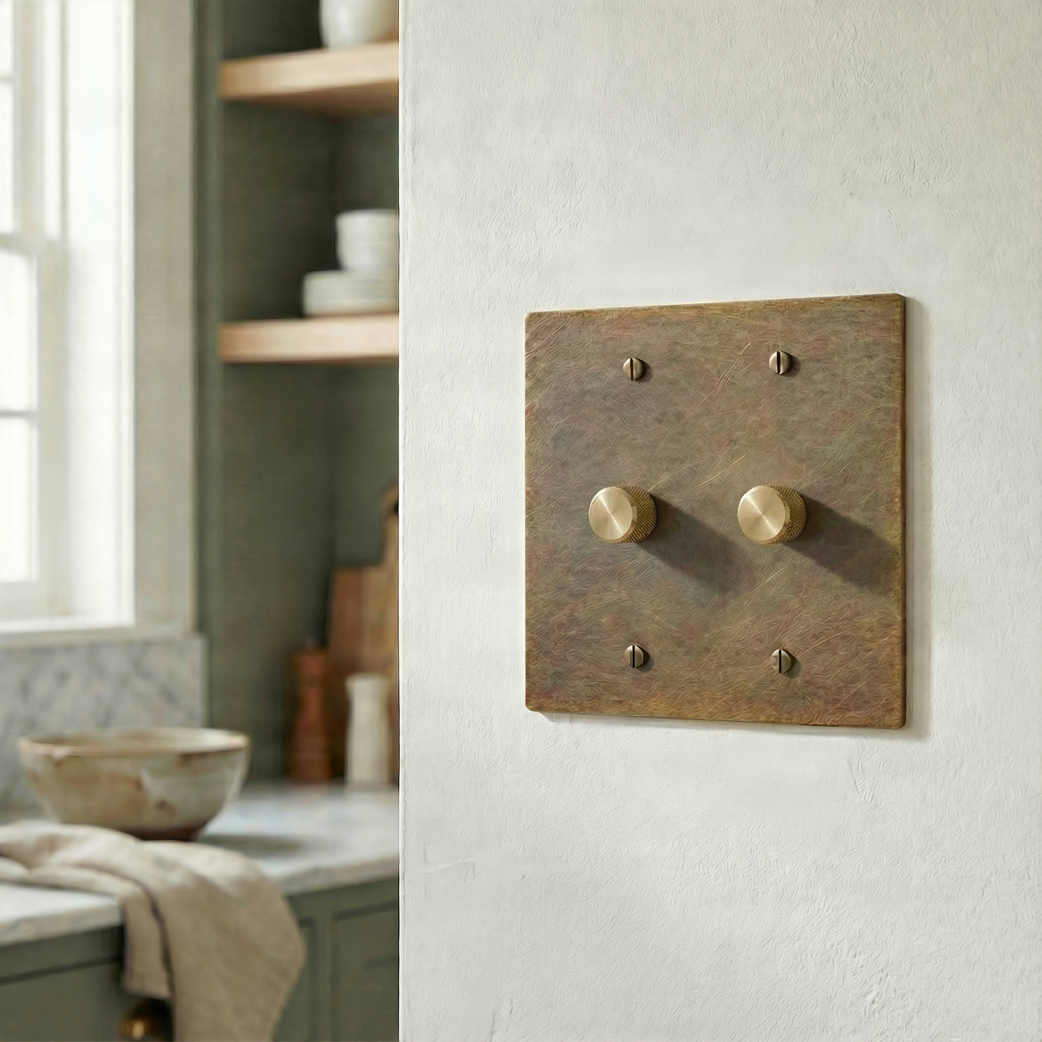 Timeless aged brass 2 gang dimmer switch plate with knurled knobs complements a luxurious kitchen.