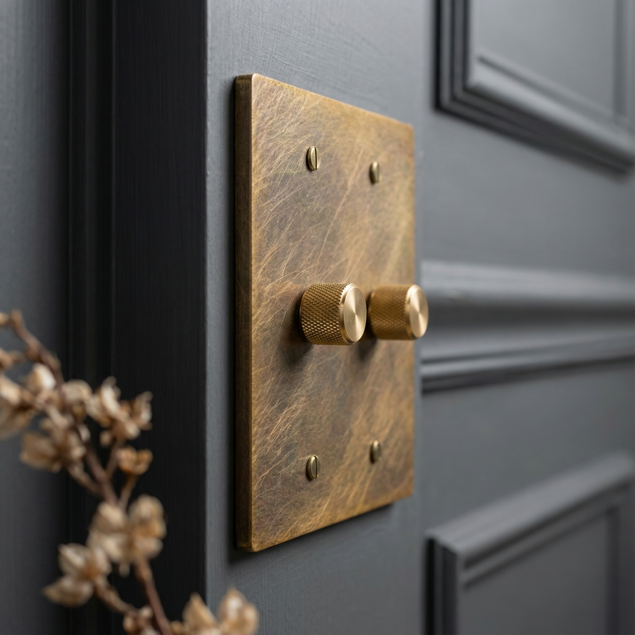 Aged brass 2 gang dimmer switch plate on a dark grey paneled wall, a detail of quiet luxury.