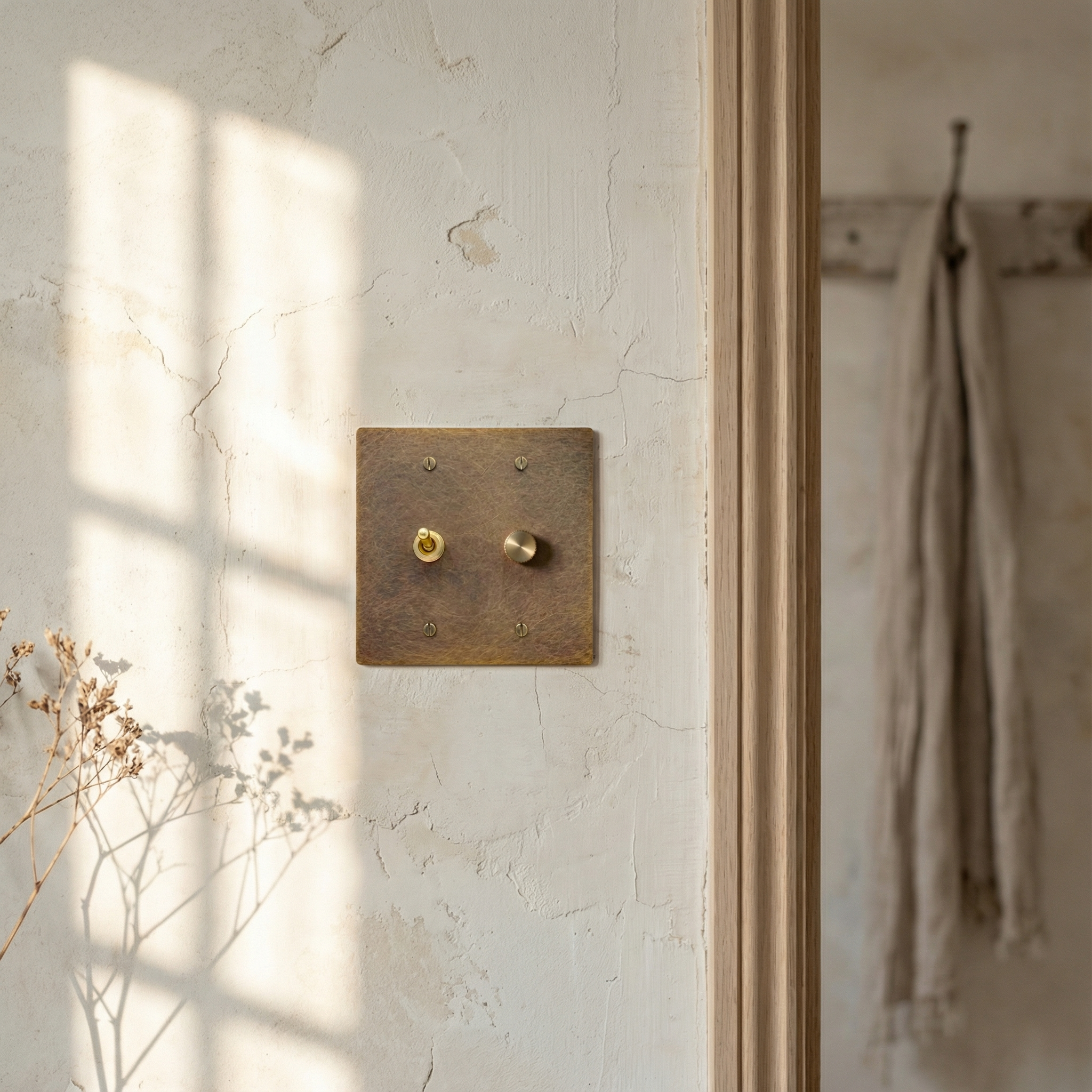 aged brass 2 gang dimmer and vintage toggle switch plate, a tactile heirloom on a sunlit, textured wall for quiet luxury.