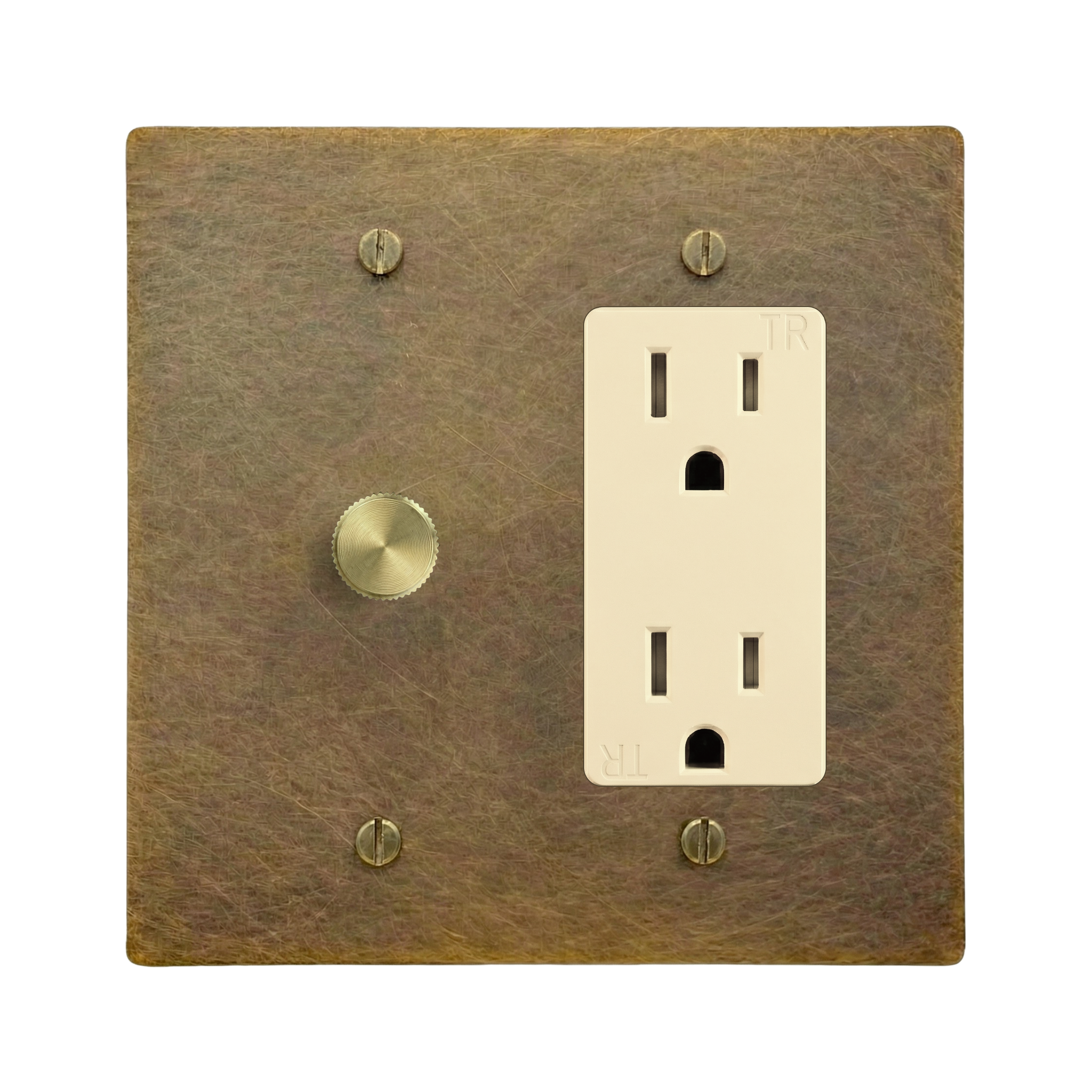 Aged Brass 2-Gang Dimmer & Duplex Outlet Switch Plate in Ivory