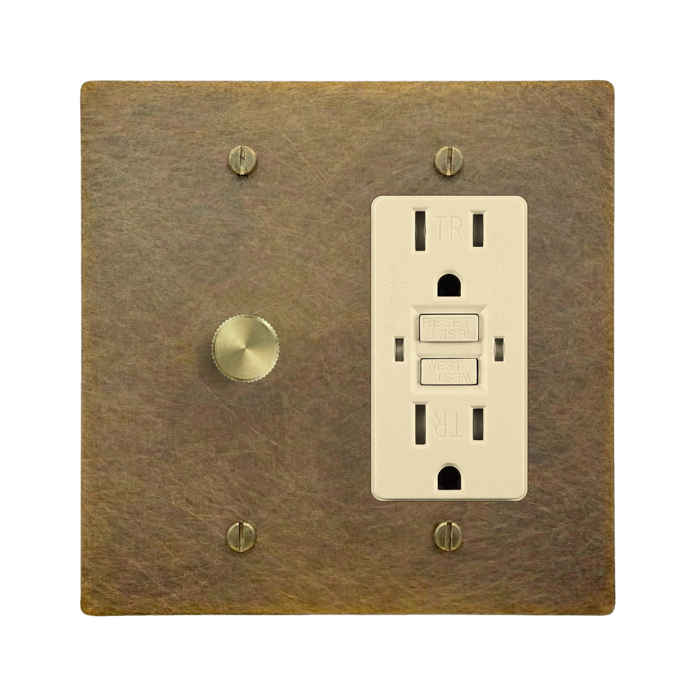 Aged Brass 2-Gang Dimmer & GFCI Outlet Switch Plate in Ivory