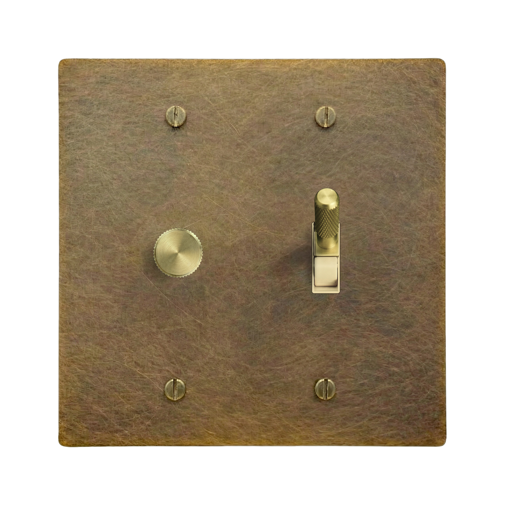 Aged Brass 2-Gang Dimmer & Toggle Switch Plate in Ivory