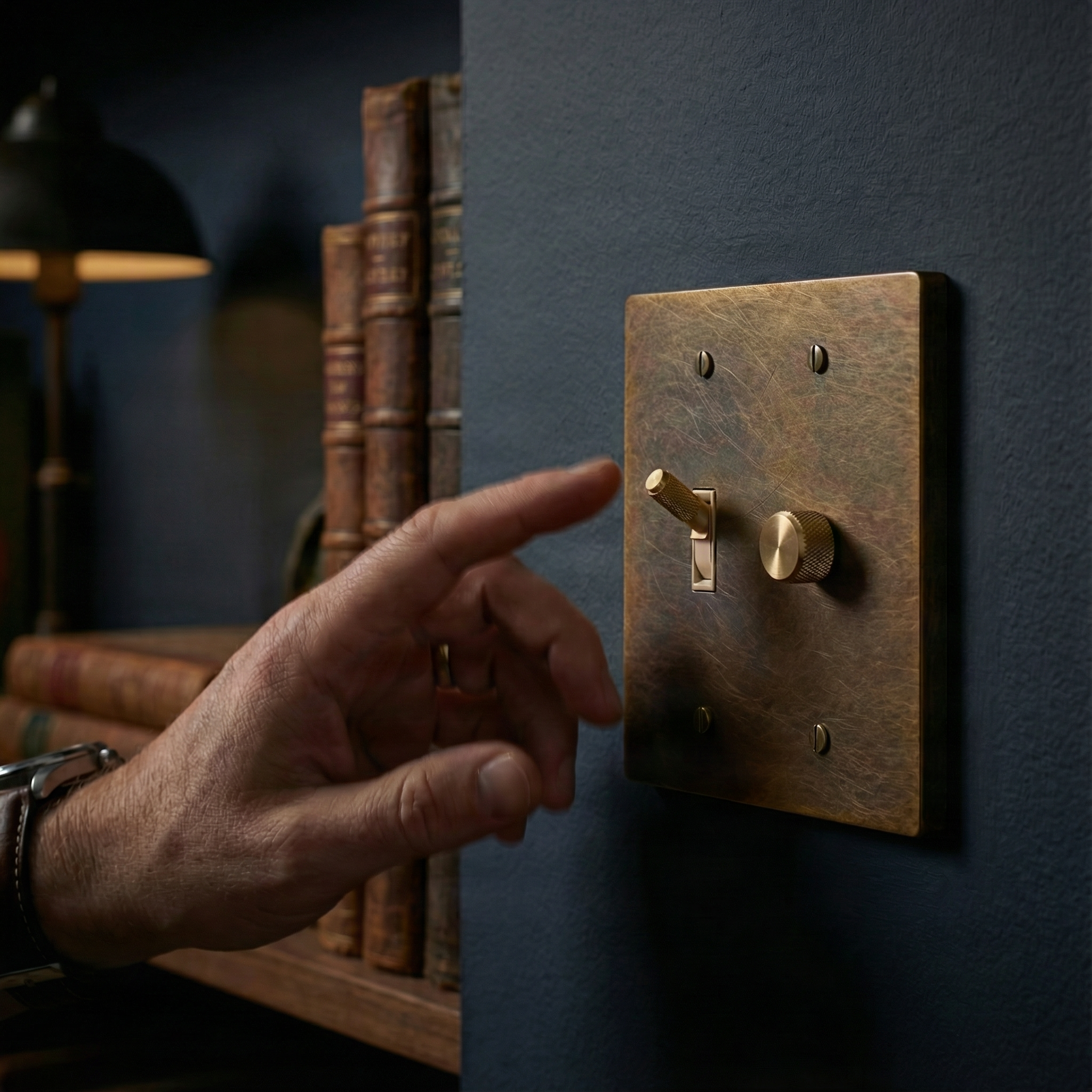 An elegant study features an aged brass 2 gang dimmer and toggle switch plate for timeless luxury.