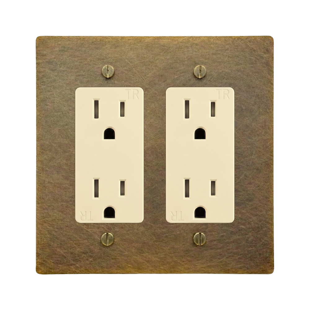 Aged Brass 2-Gang Duplex Outlet & Duplex Outlet Switch Plate in Ivory
