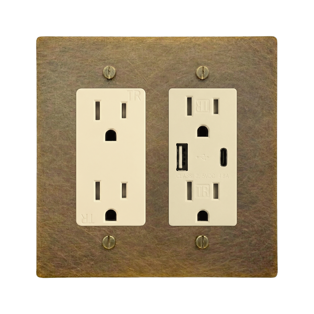 Aged Brass 2-Gang Duplex Outlet & USB Outlet Switch Plate in Ivory