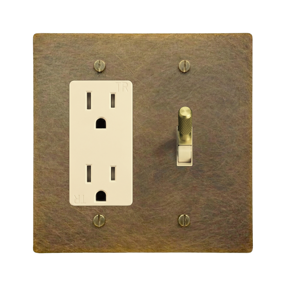 Aged Brass 2-Gang Duplex Outlet & Toggle Switch Plate in Ivory