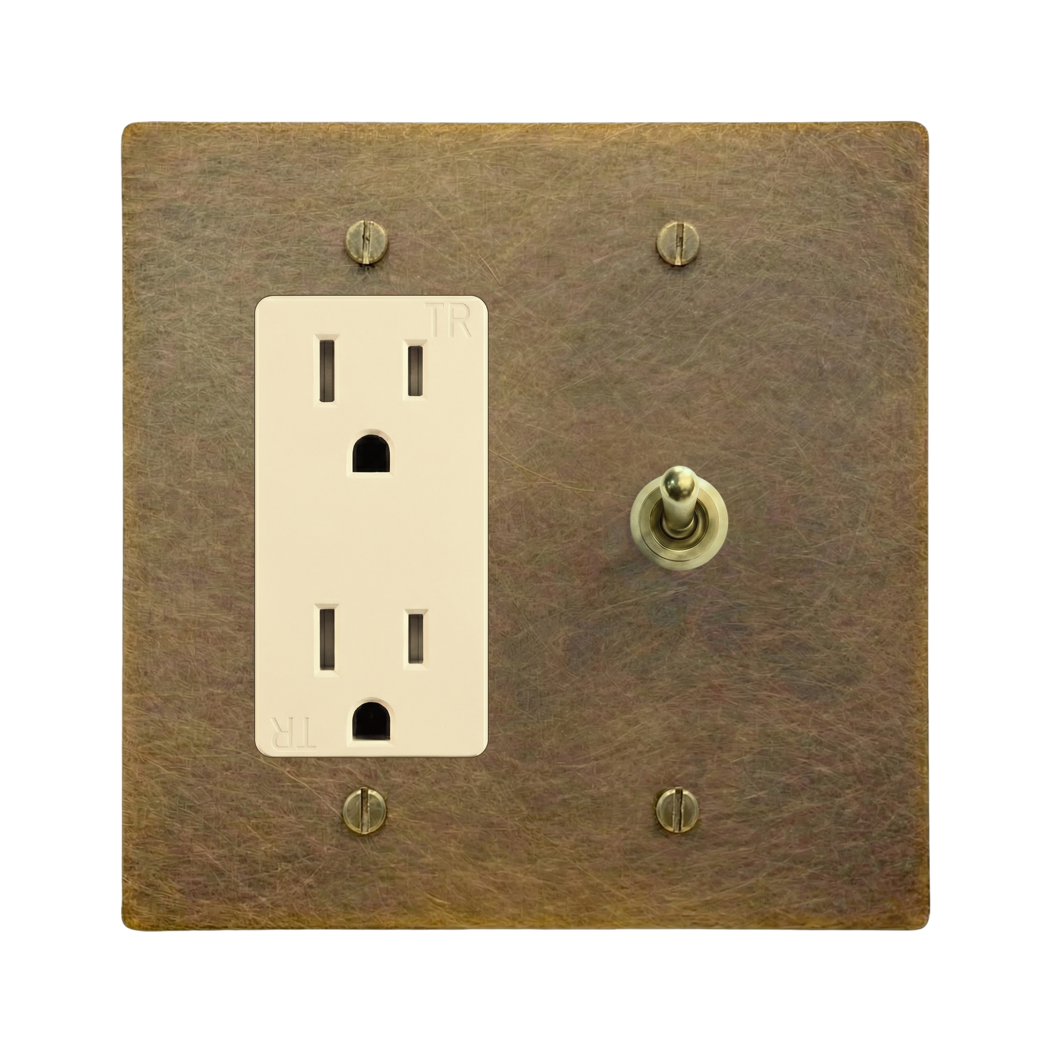 Aged Brass 2-Gang Duplex Outlet & Vintage Toggle Switch Plate in Ivory