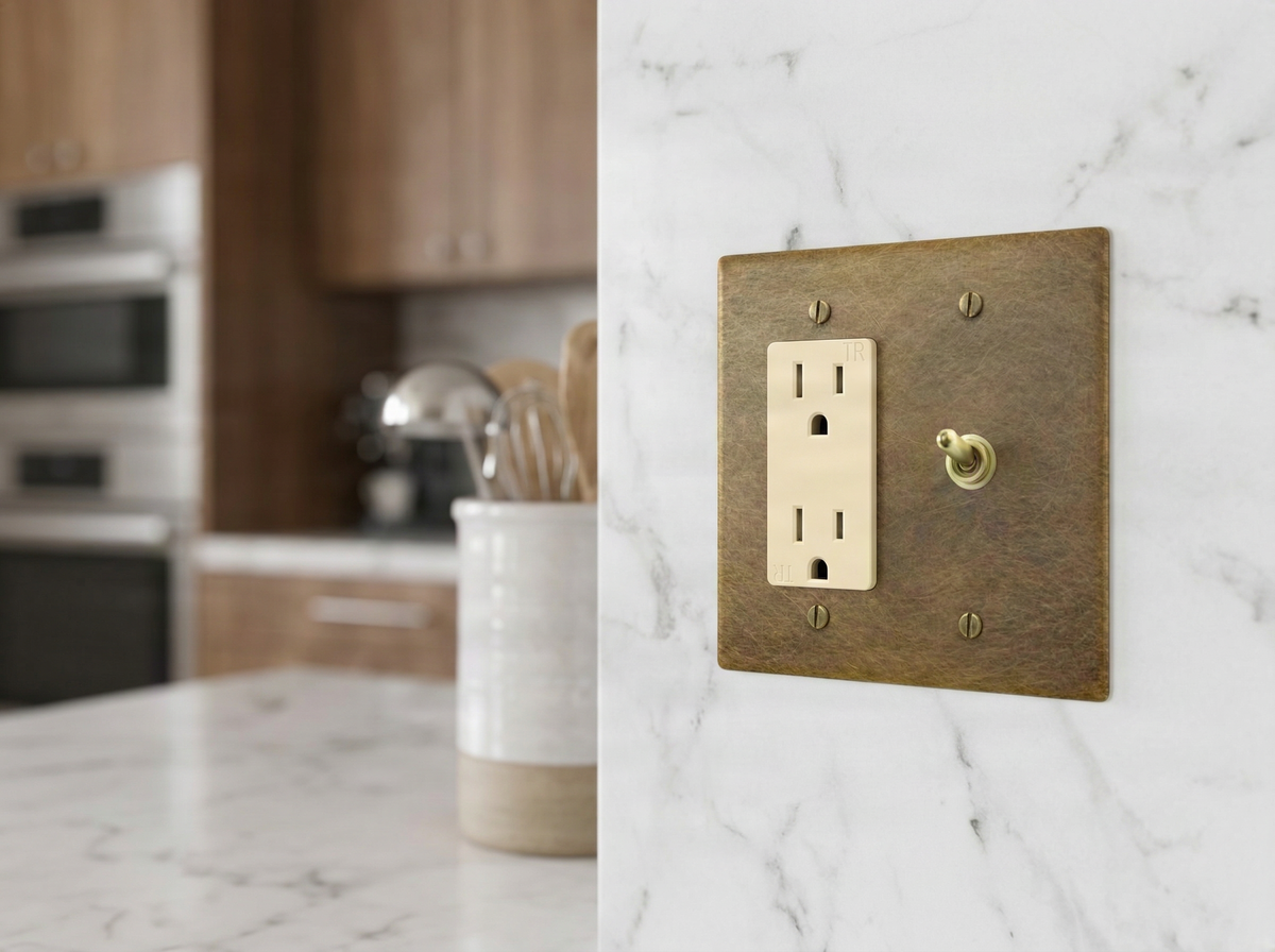 Aged brass 2 gang duplex outlet and vintage toggle switch plate on marble wall in a timeless, luxury kitchen.
