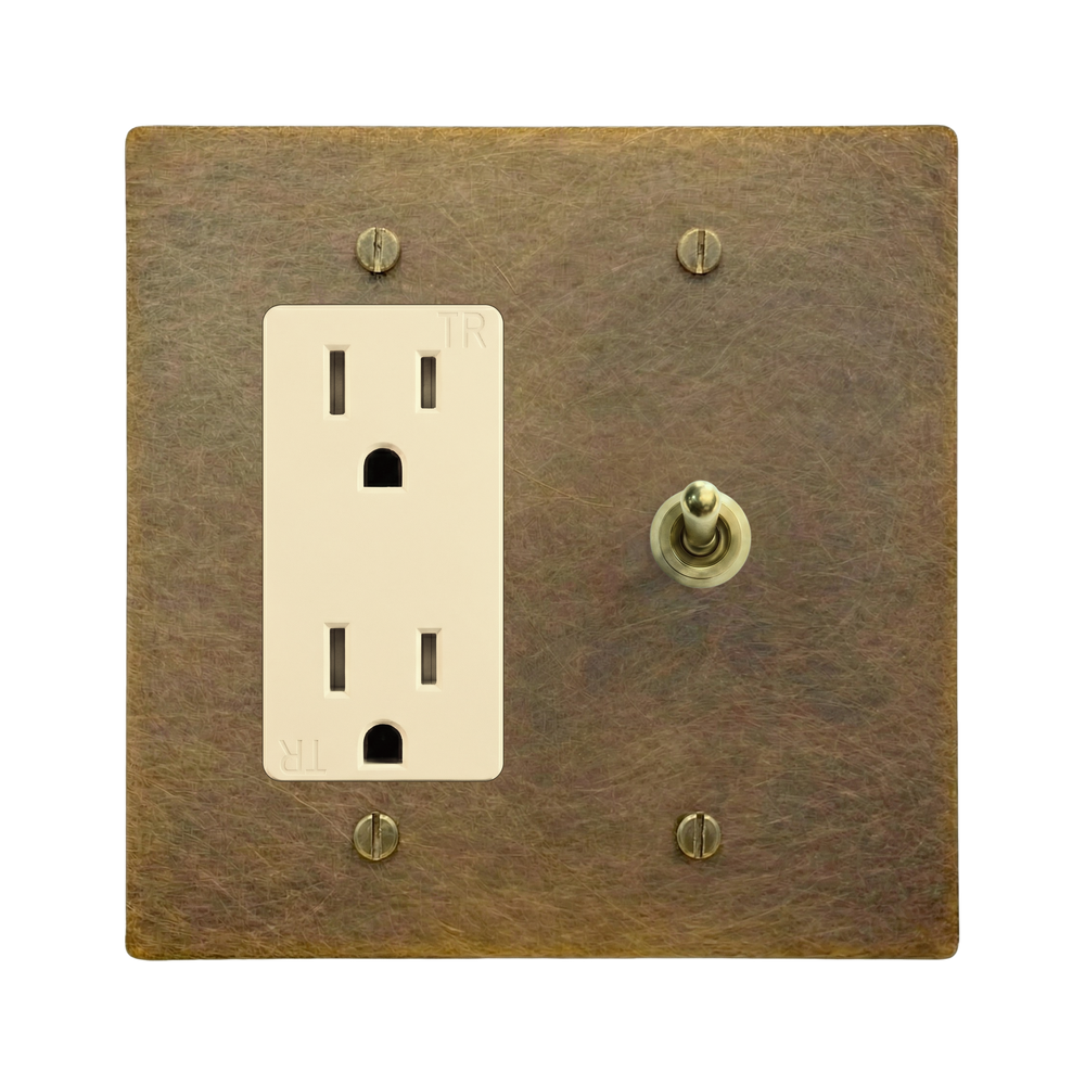 Aged Brass 2-Gang Duplex Outlet & Vintage Toggle Switch Plate in Ivory