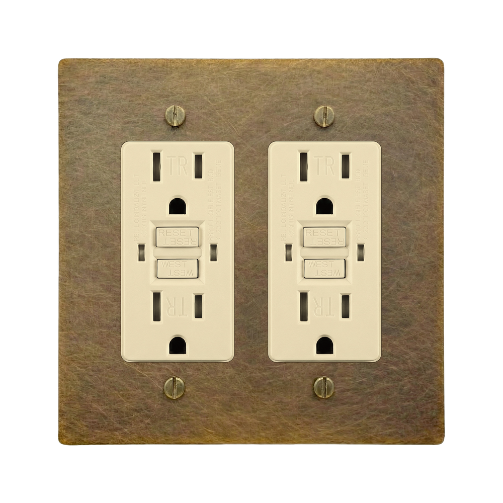 Aged Brass 2-Gang GFCI Outlet & GFCI Outlet Switch Plate in Ivory