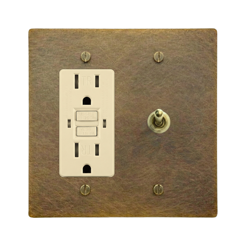 Aged Brass 2-Gang GFCI Outlet & Vintage Toggle Switch Plate in Ivory
