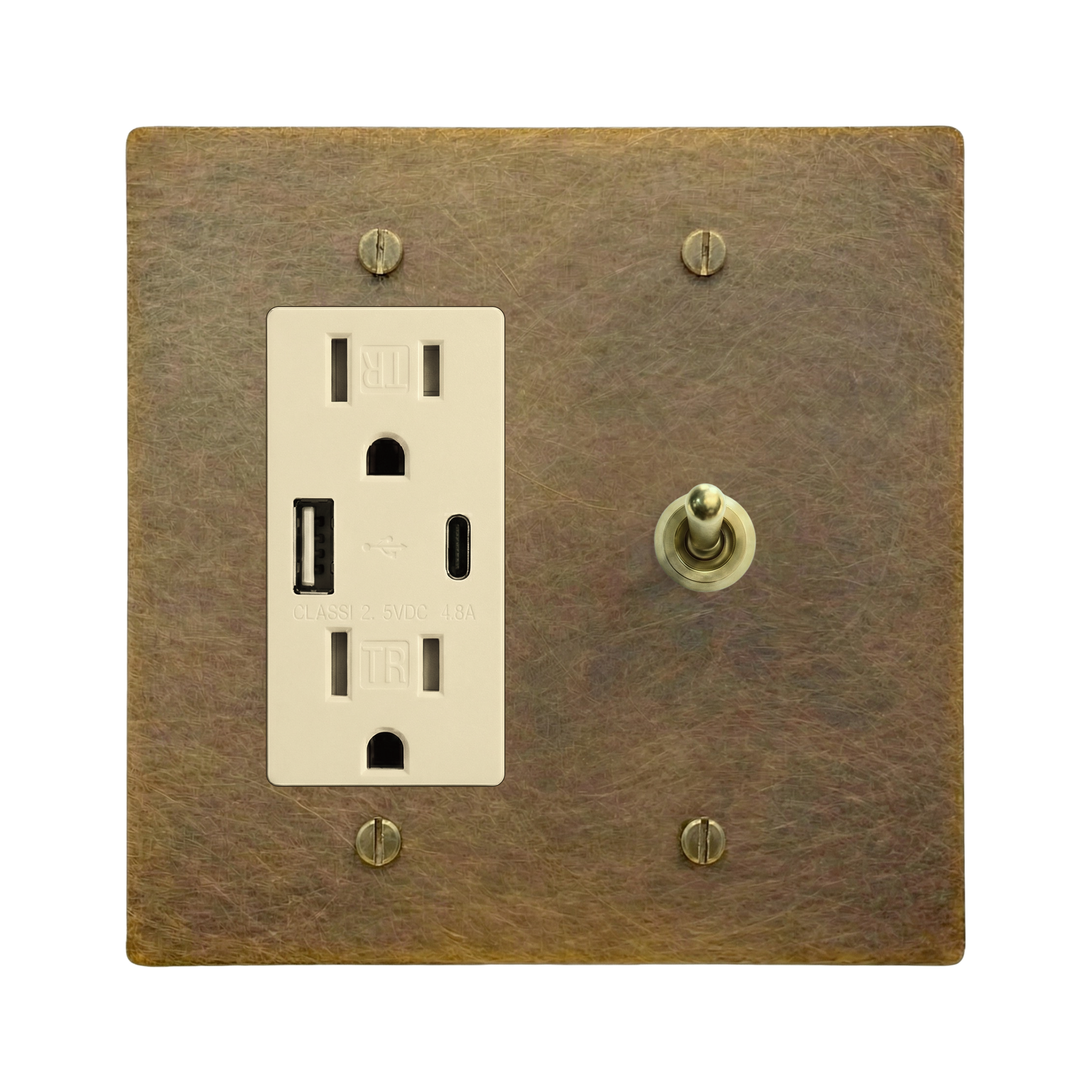Aged Brass 2-Gang USB Outlet & Vintage Toggle Switch Plate in Ivory