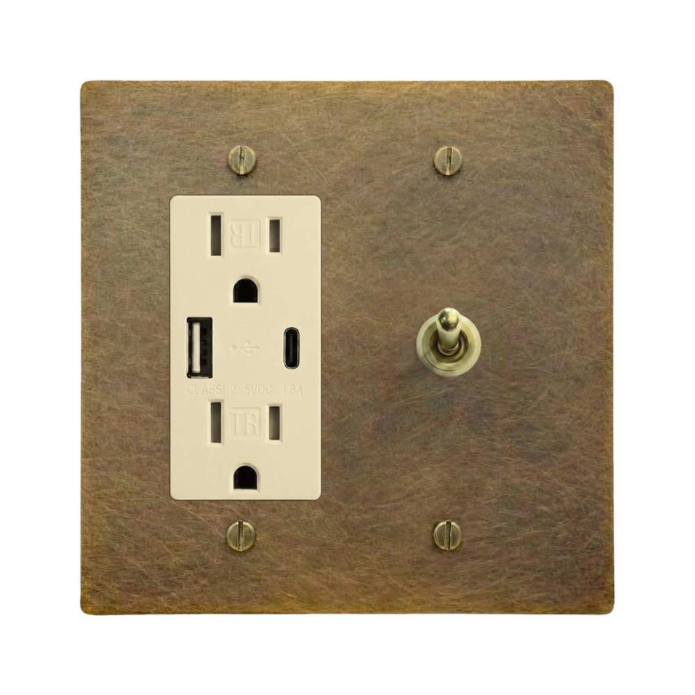 Aged Brass 2-Gang USB Outlet & Vintage Toggle Switch Plate in Ivory