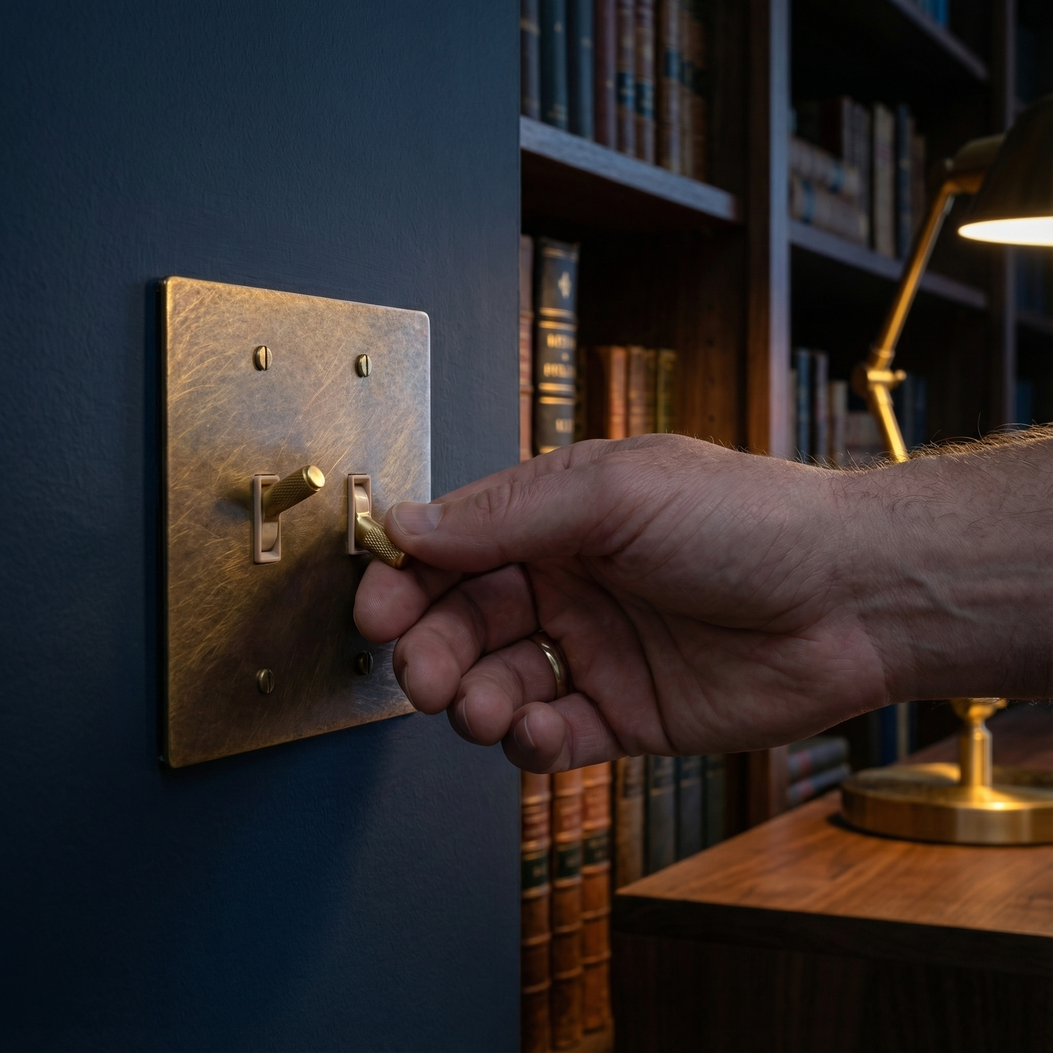 A hand flips an aged brass 2 gang toggle switch plate on a dark wall in a classic library setting, evoking timeless luxury.