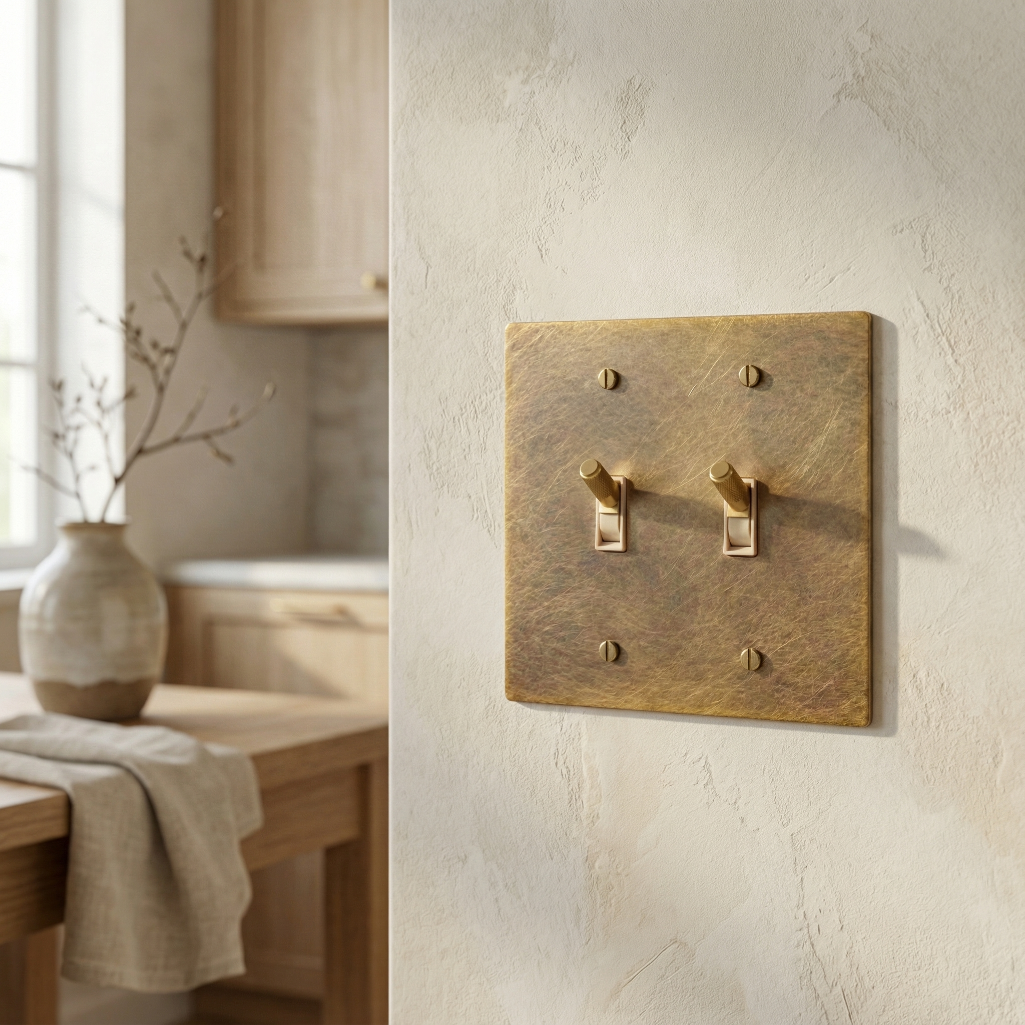 Timeless aged brass 2 gang toggle switch plate enhances a quiet luxury kitchen's handcrafted details.