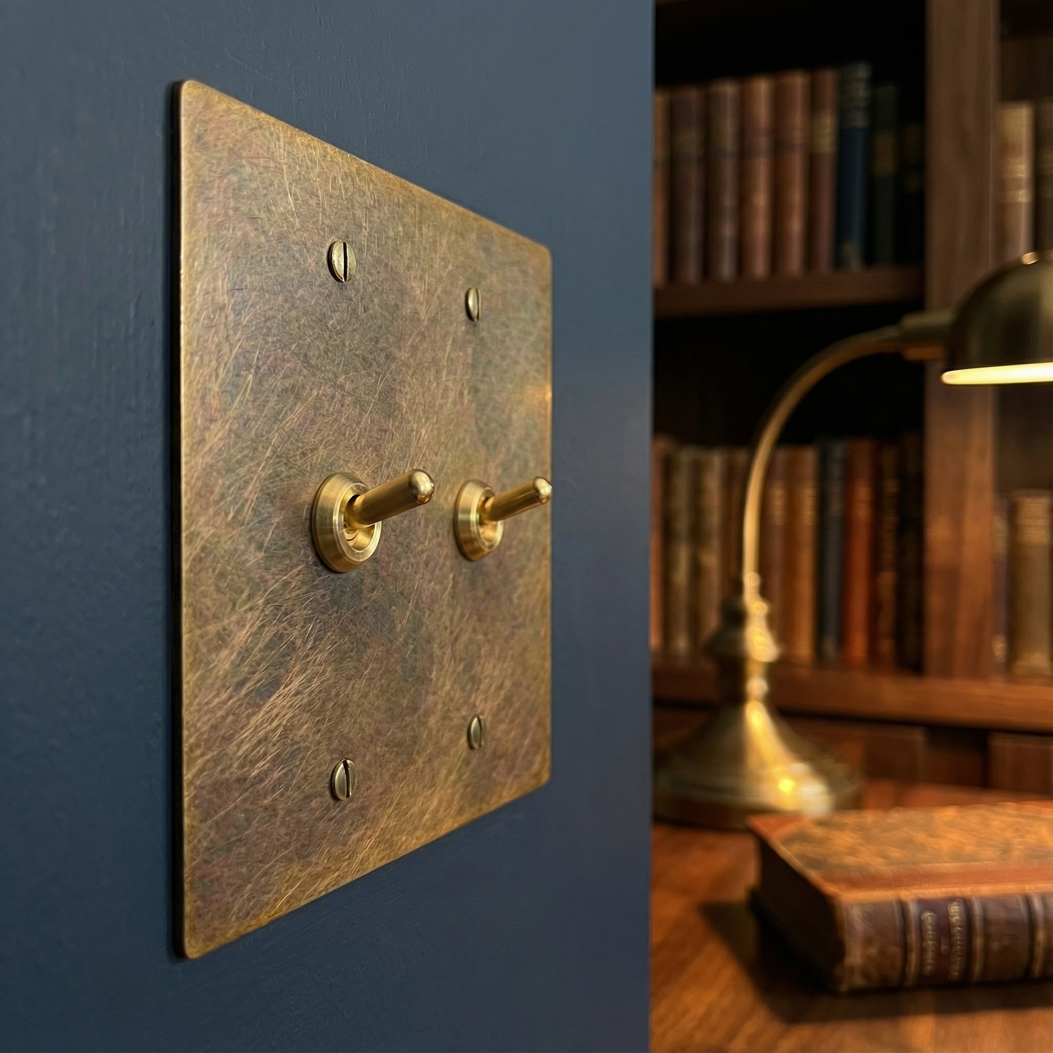 aged brass 2 gang vintage toggle switch plate on a dark wall in an elegant library setting.