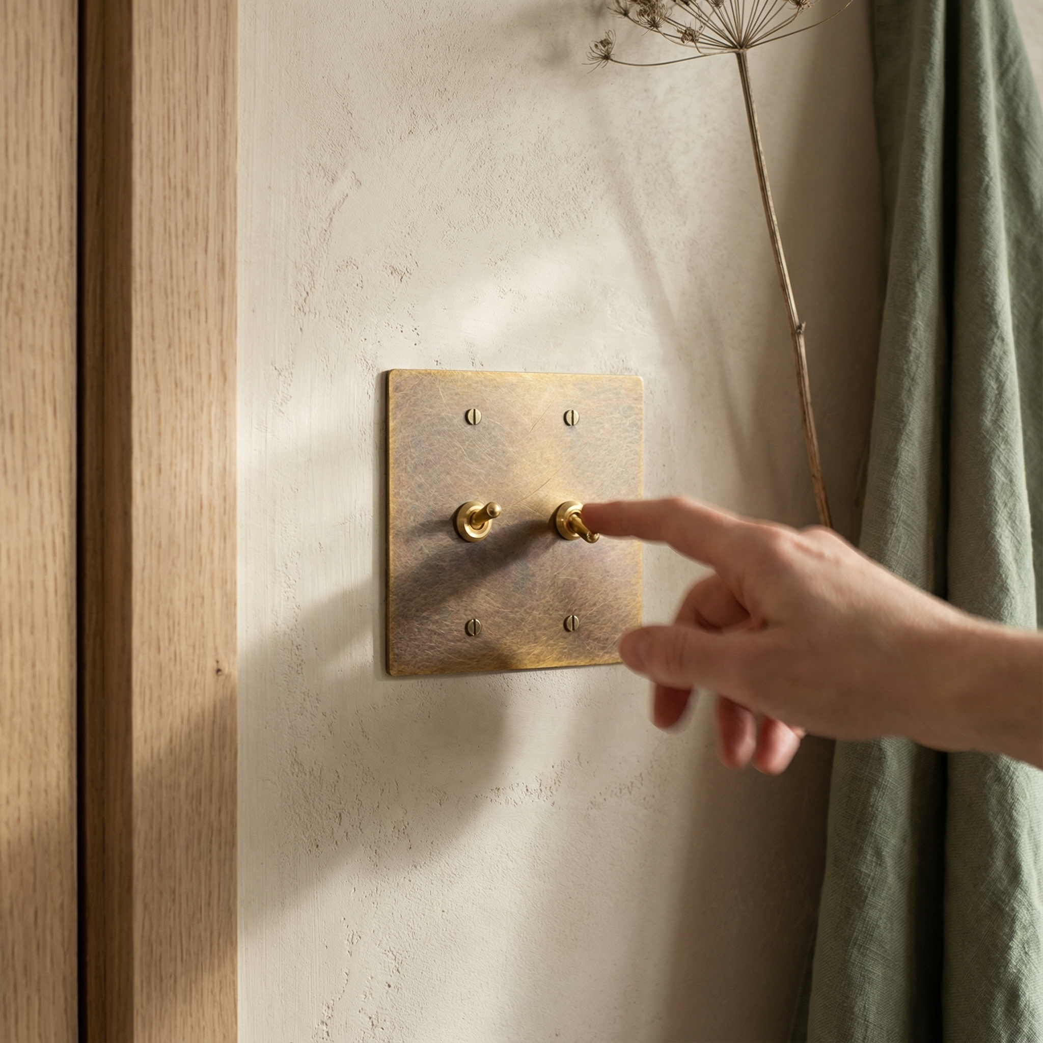 A hand switches an aged brass 2 gang vintage toggle switch plate, accenting a subtly textured wall with quiet luxury.