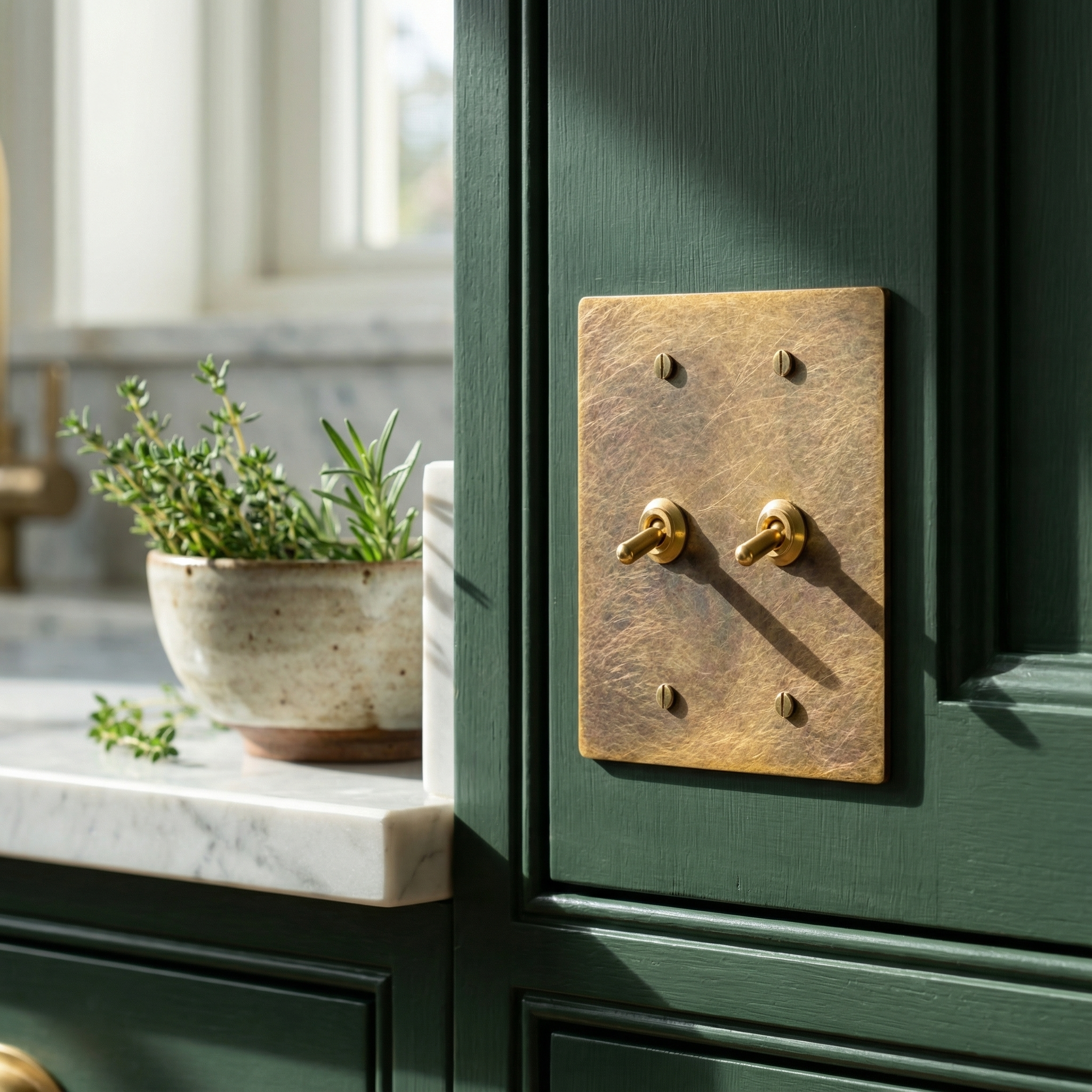 Aged brass 2 gang vintage toggle switch plate on dark green cabinetry, a refined detail in a luxury kitchen.